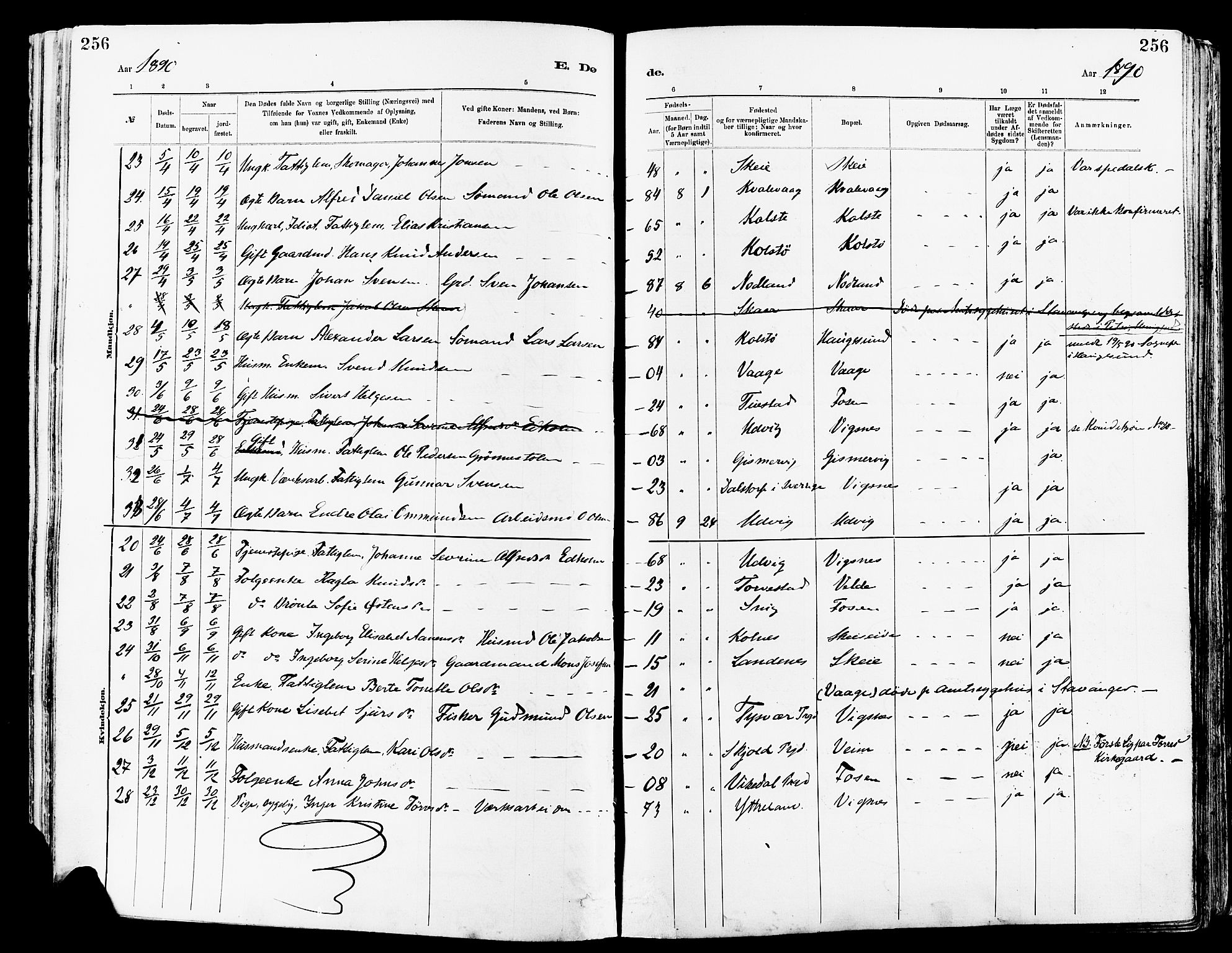 Avaldsnes sokneprestkontor, AV/SAST-A -101851/H/Ha/Haa/L0015: Parish register (official) no. A 15, 1880-1906, p. 256