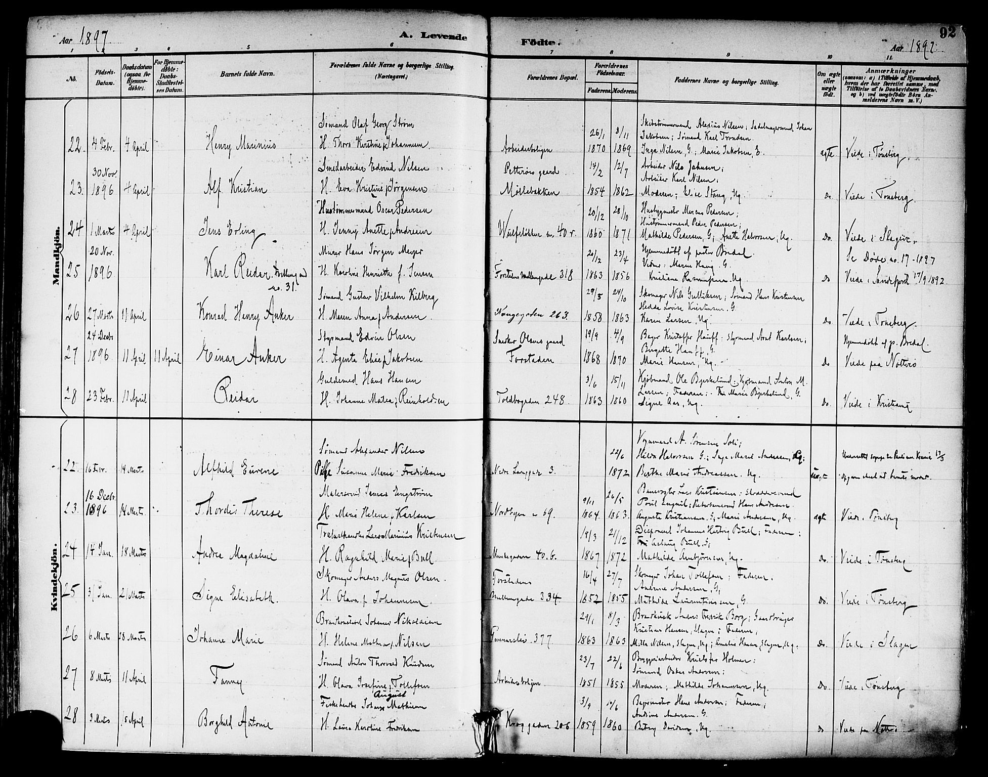 Tønsberg kirkebøker, AV/SAKO-A-330/F/Fa/L0012: Parish register (official) no. I 12, 1891-1899, p. 92