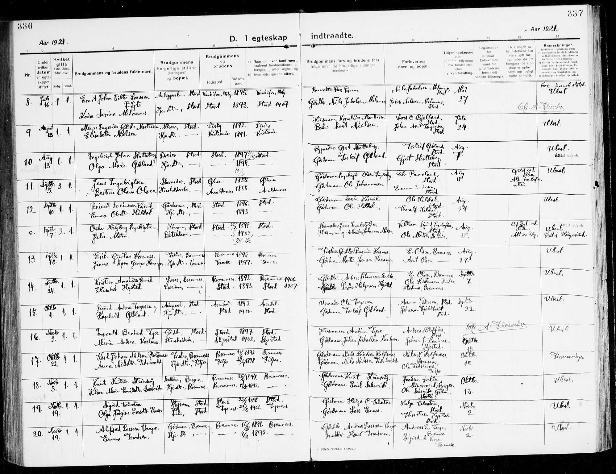 Stord sokneprestembete, AV/SAB-A-78201/H/Haa: Parish register (official) no. B 3, 1913-1925, p. 336-337