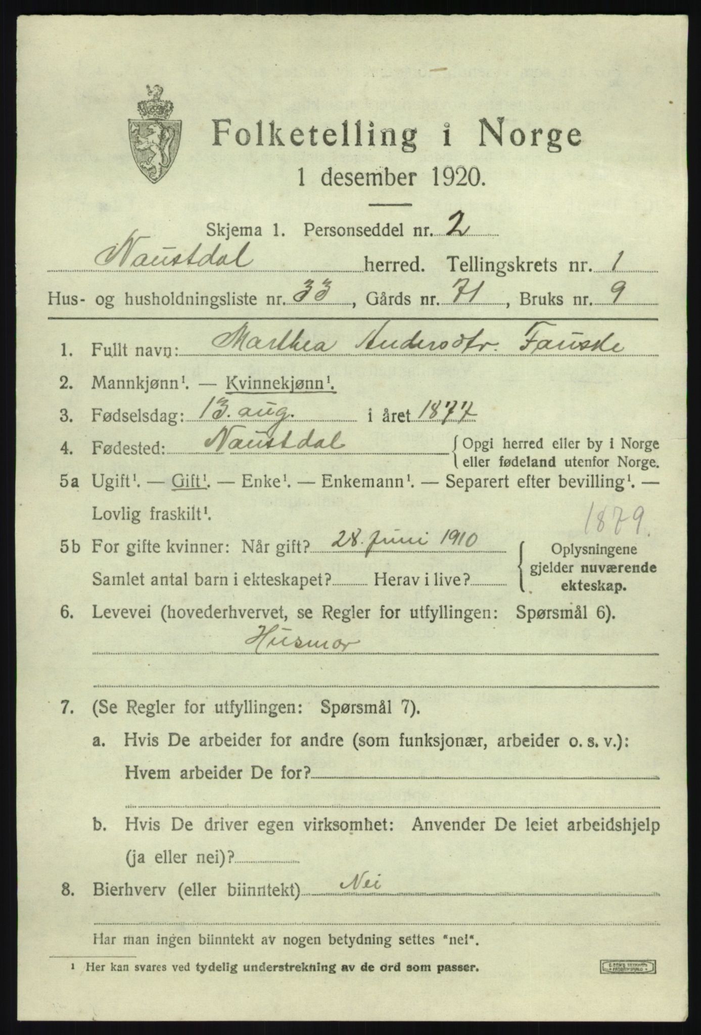 SAB, 1920 census for Naustdal, 1920, p. 1267