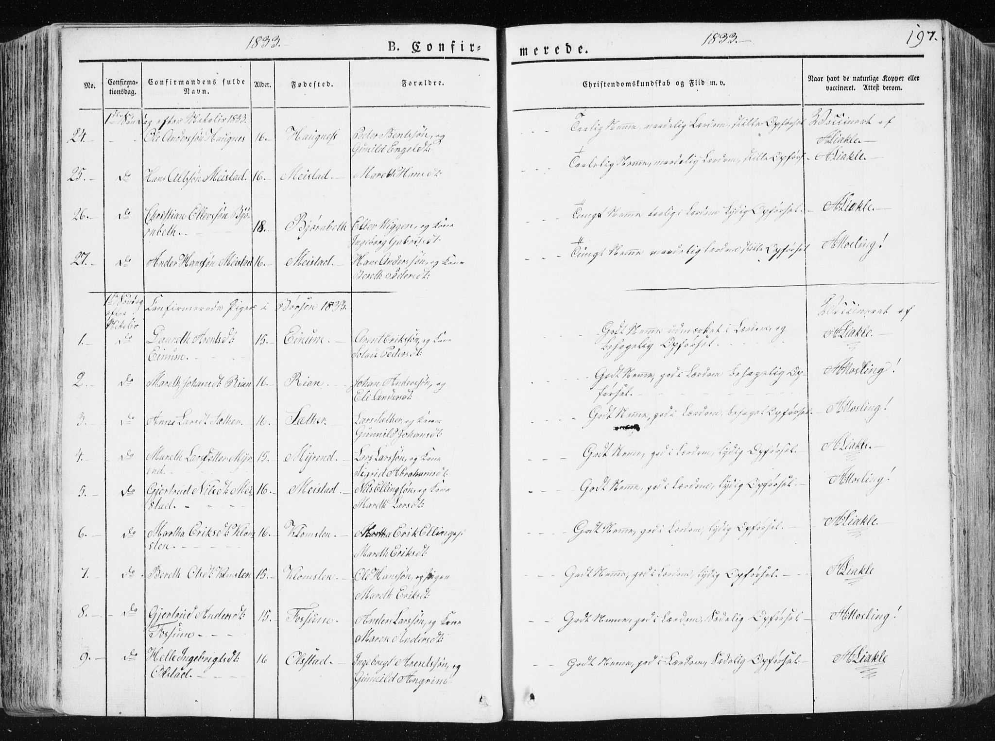 Ministerialprotokoller, klokkerbøker og fødselsregistre - Sør-Trøndelag, AV/SAT-A-1456/665/L0771: Parish register (official) no. 665A06, 1830-1856, p. 197