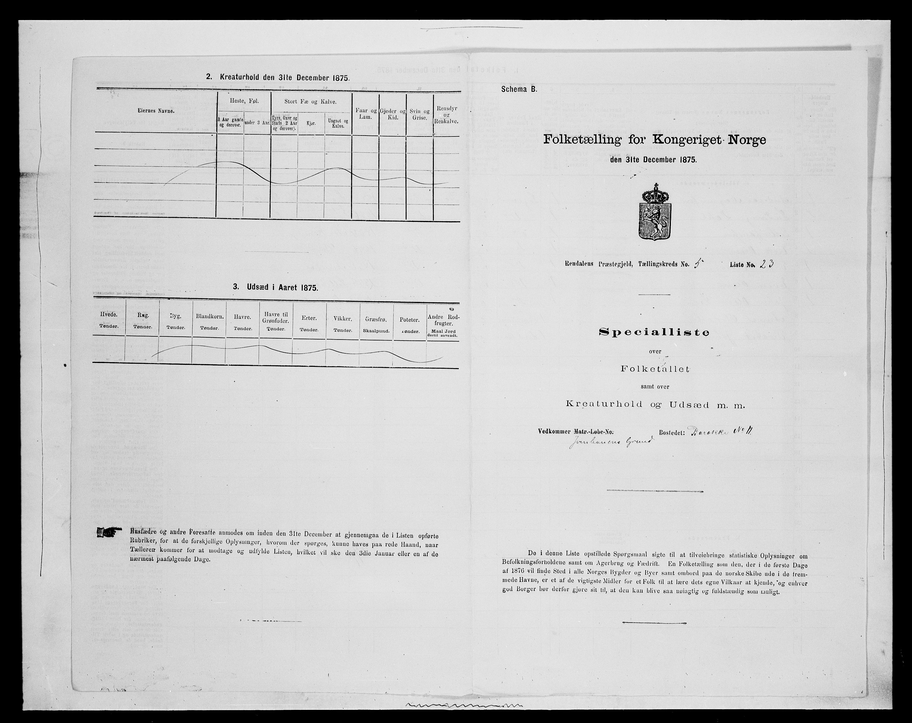 SAH, 1875 census for 0432P Rendalen, 1875, p. 492