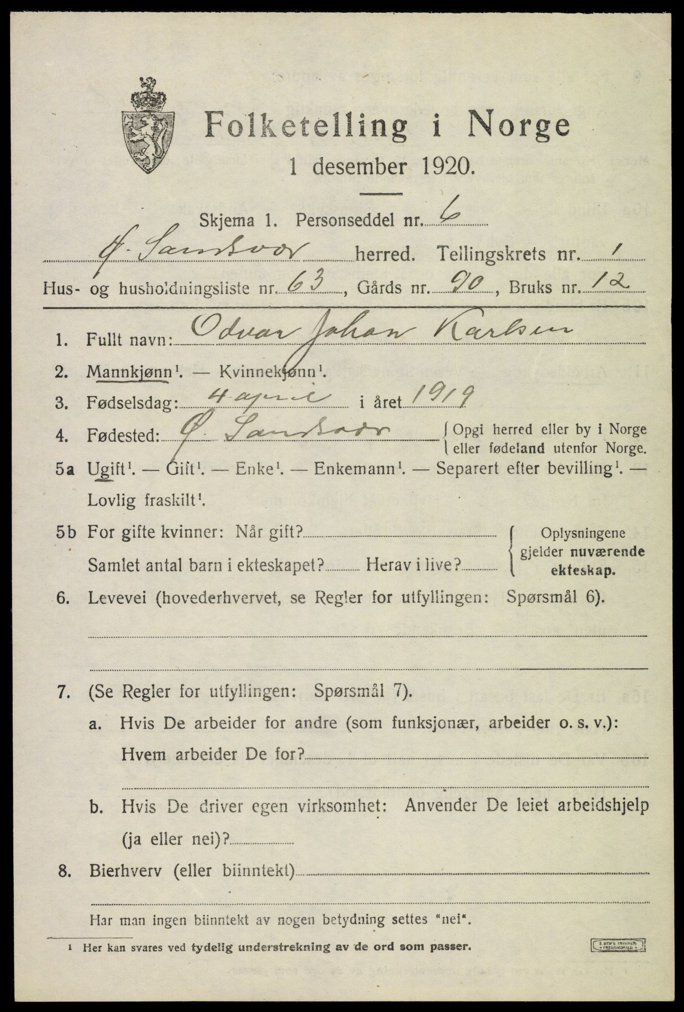 SAKO, 1920 census for Øvre Sandsvær, 1920, p. 1594