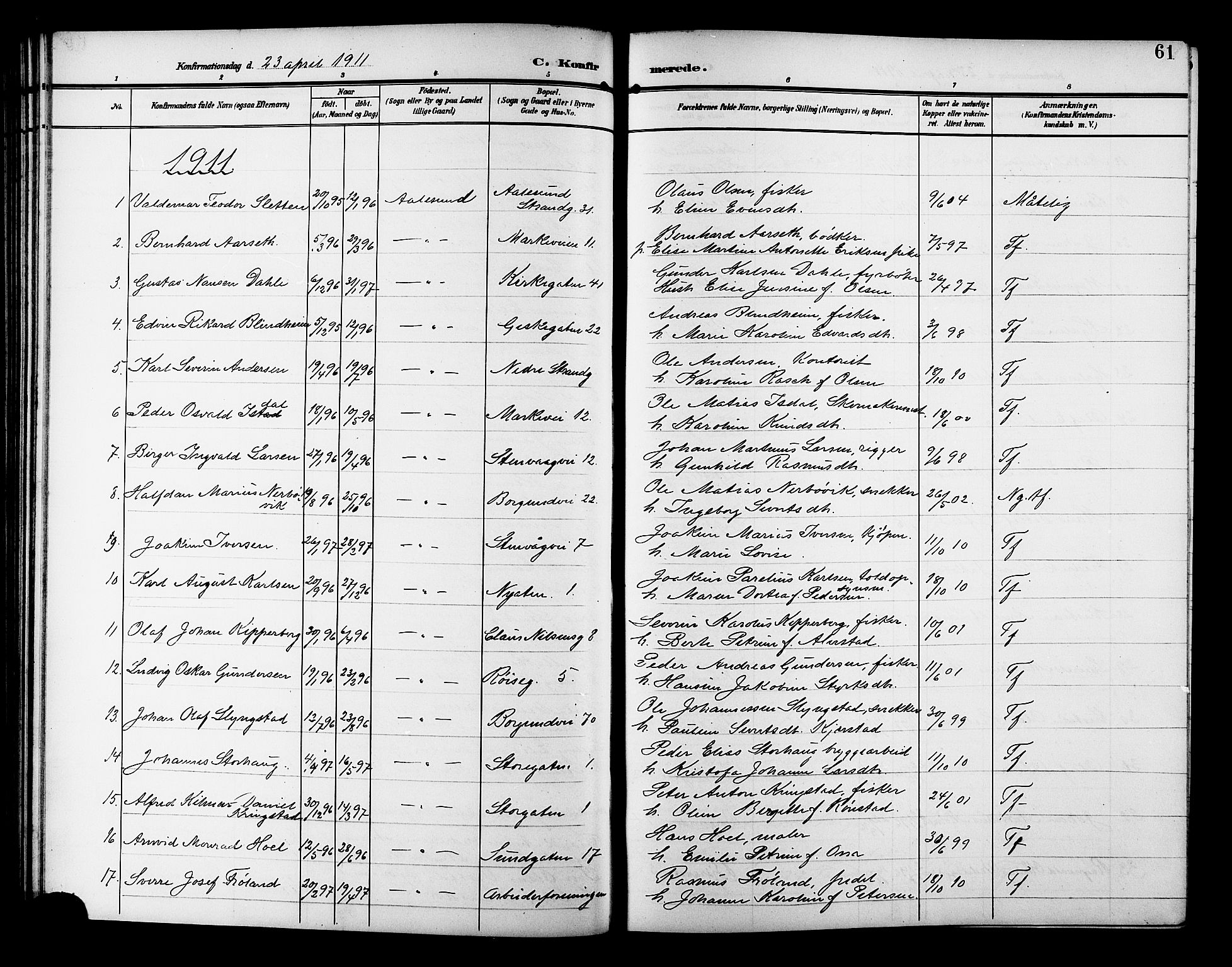 Ministerialprotokoller, klokkerbøker og fødselsregistre - Møre og Romsdal, SAT/A-1454/529/L0470: Parish register (copy) no. 529C07, 1907-1917, p. 61
