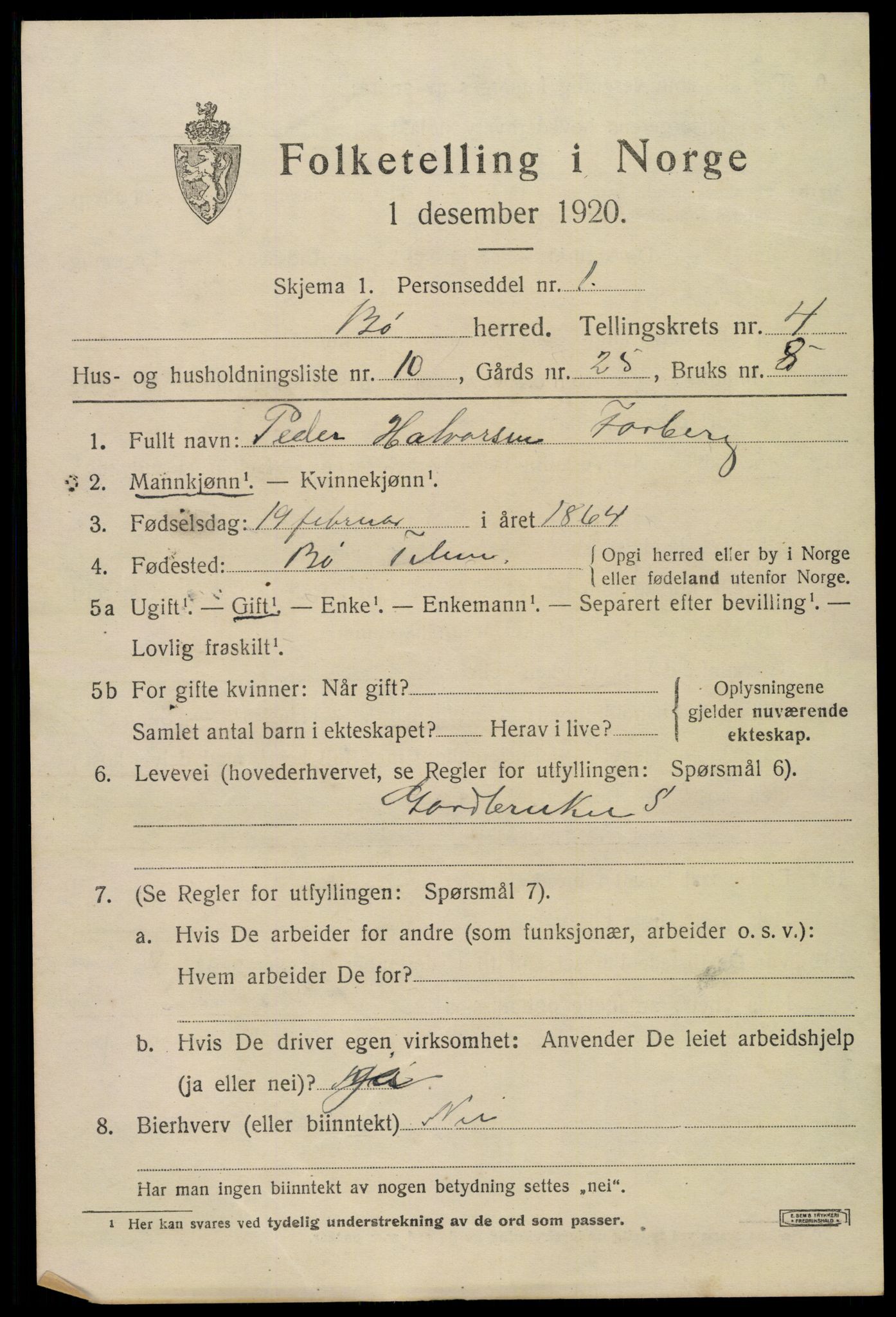 SAKO, 1920 census for Bø (Telemark), 1920, p. 3286