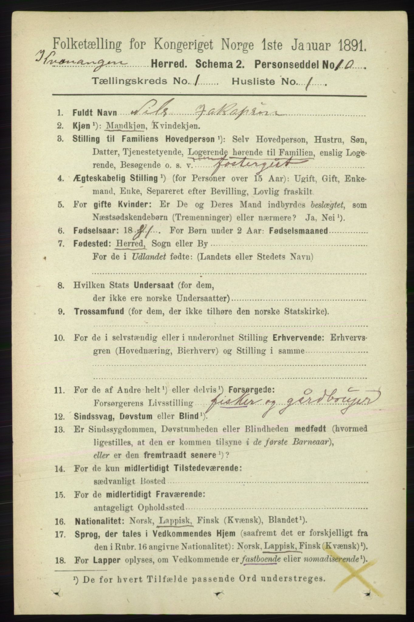 RA, 1891 census for 1943 Kvænangen, 1891, p. 64