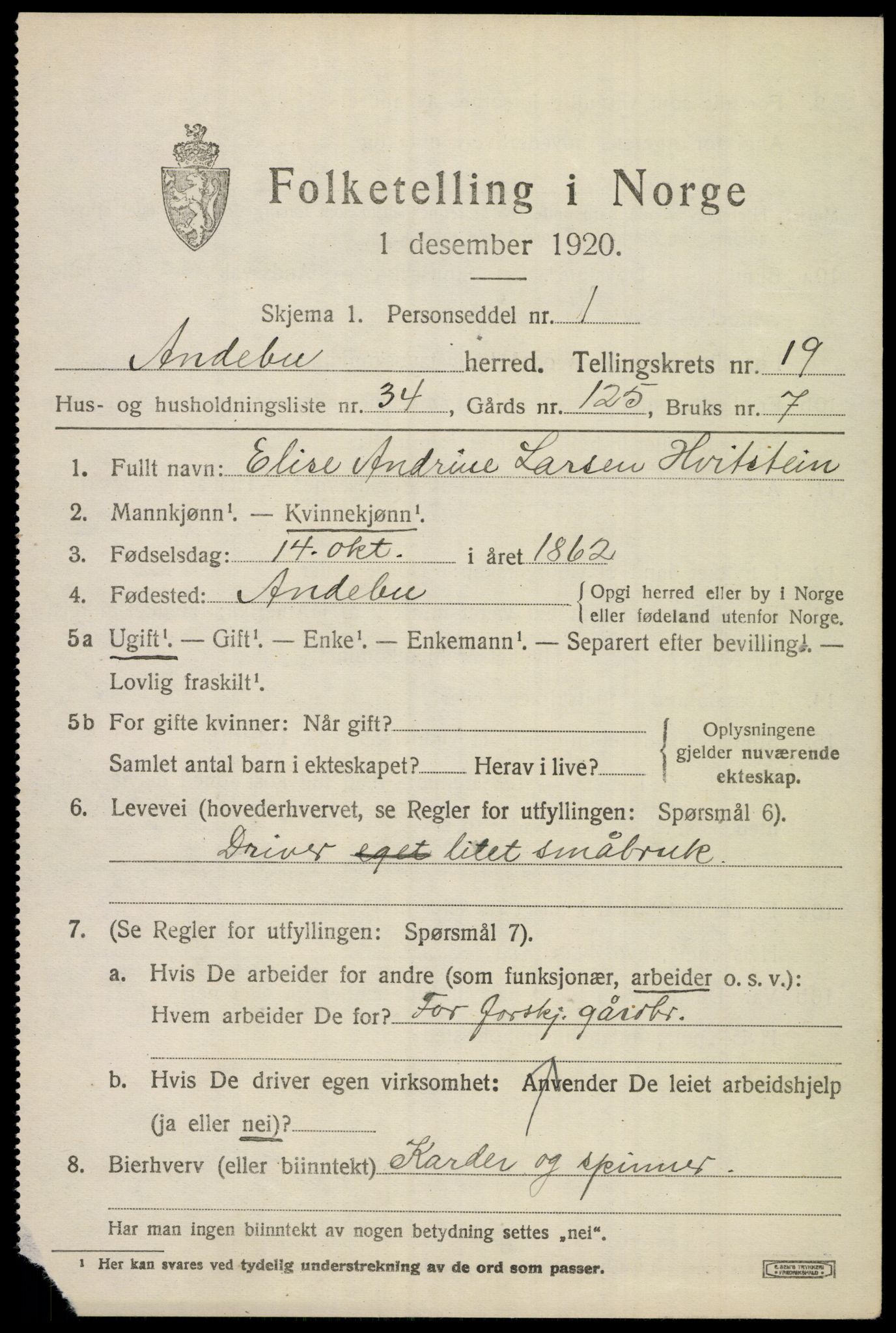 SAKO, 1920 census for Andebu, 1920, p. 6624