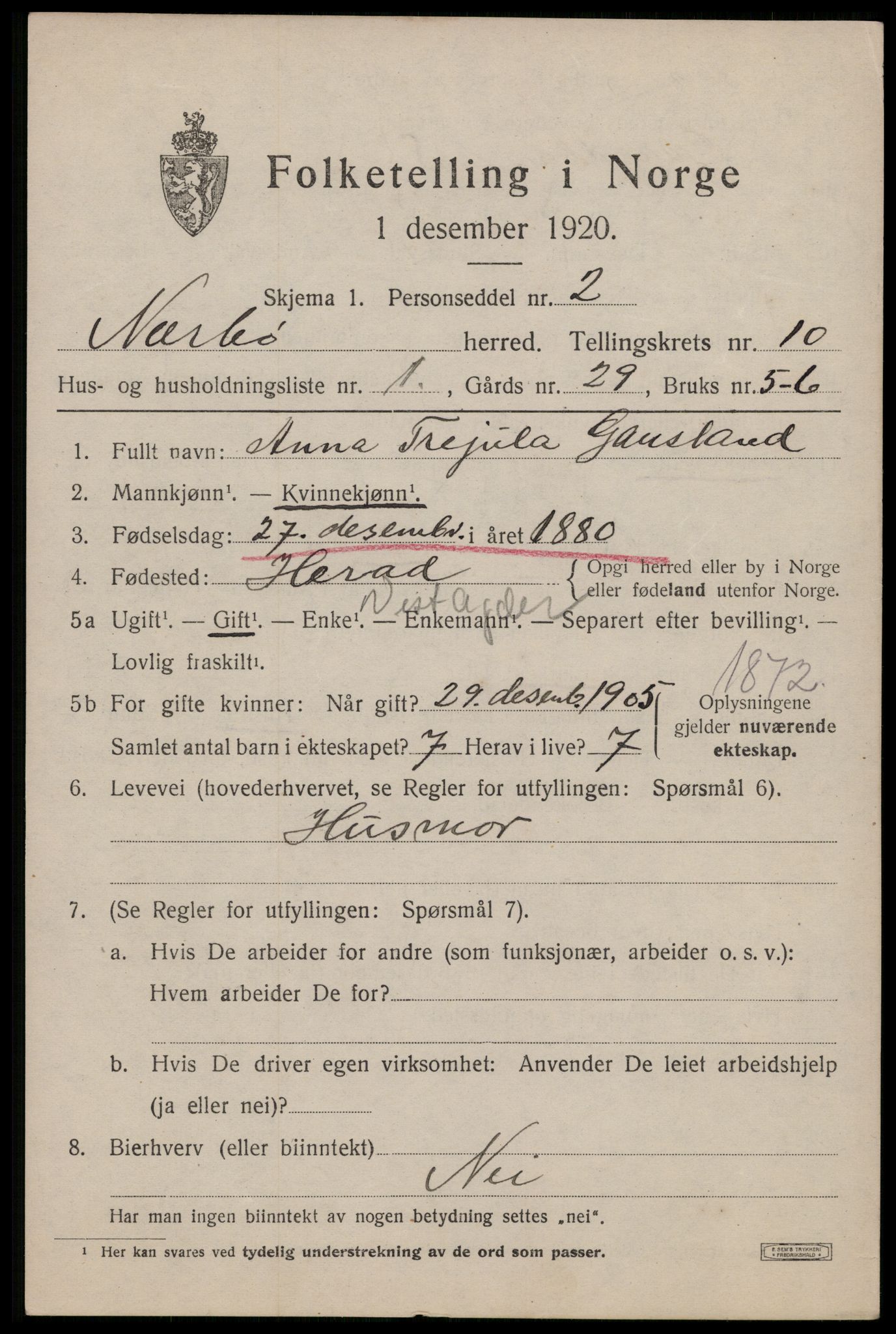 SAST, 1920 census for Nærbø, 1920, p. 5819