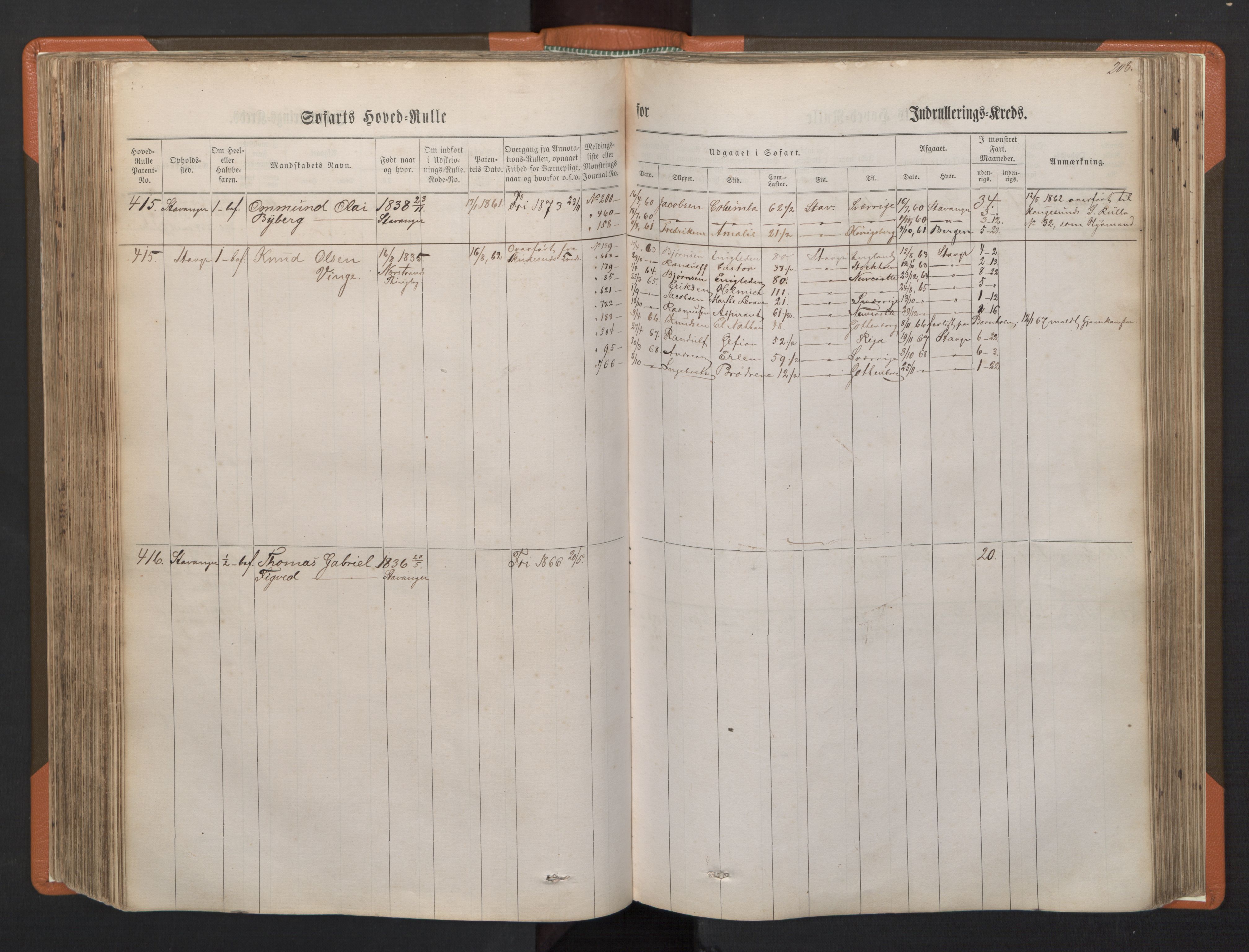 Stavanger sjømannskontor, AV/SAST-A-102006/F/Fb/Fbb/L0001: Sjøfartshovedrulle, patentnr. 1-720 (del 1), 1860-1863, p. 212