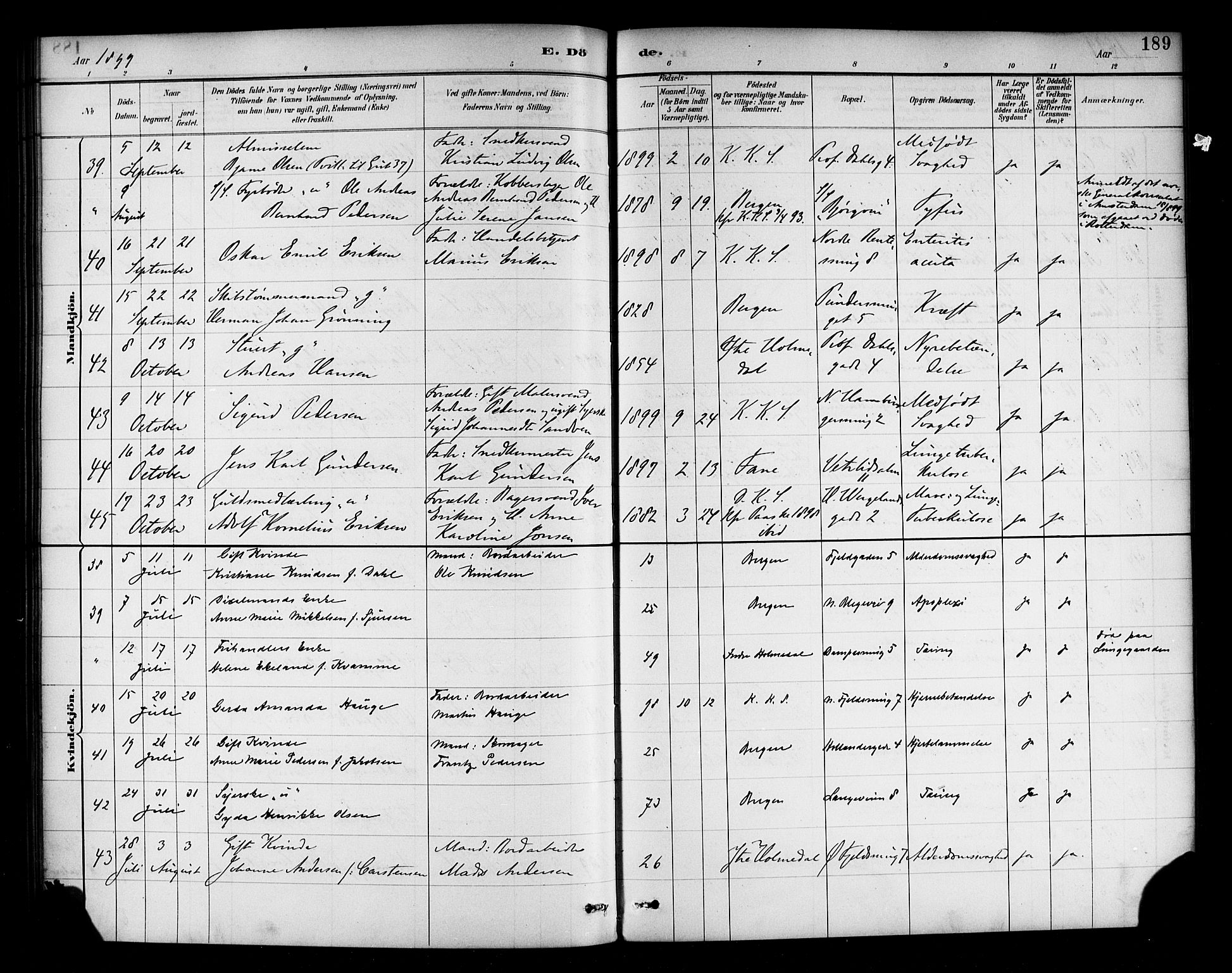 Korskirken sokneprestembete, AV/SAB-A-76101/H/Haa/L0047: Parish register (official) no. E 5, 1884-1910, p. 189