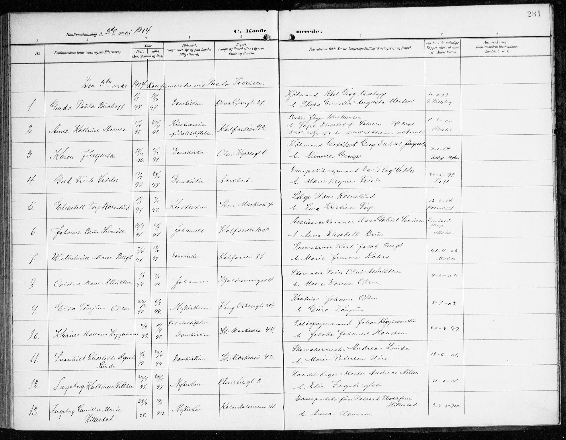 Domkirken sokneprestembete, SAB/A-74801/H/Haa/L0031: Parish register (official) no. C 6, 1898-1915, p. 281
