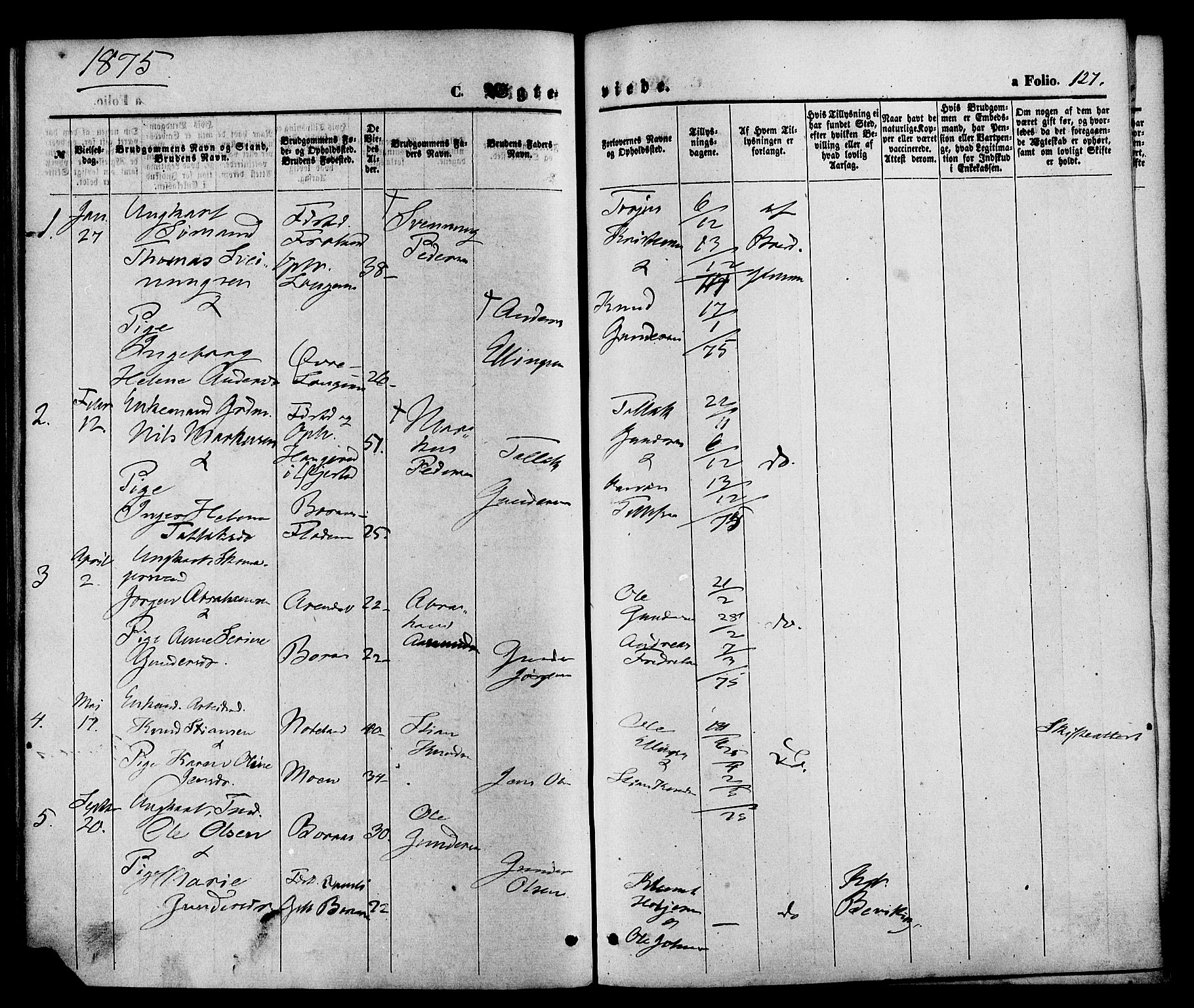 Austre Moland sokneprestkontor, SAK/1111-0001/F/Fa/Faa/L0009: Parish register (official) no. A 9, 1869-1879, p. 127