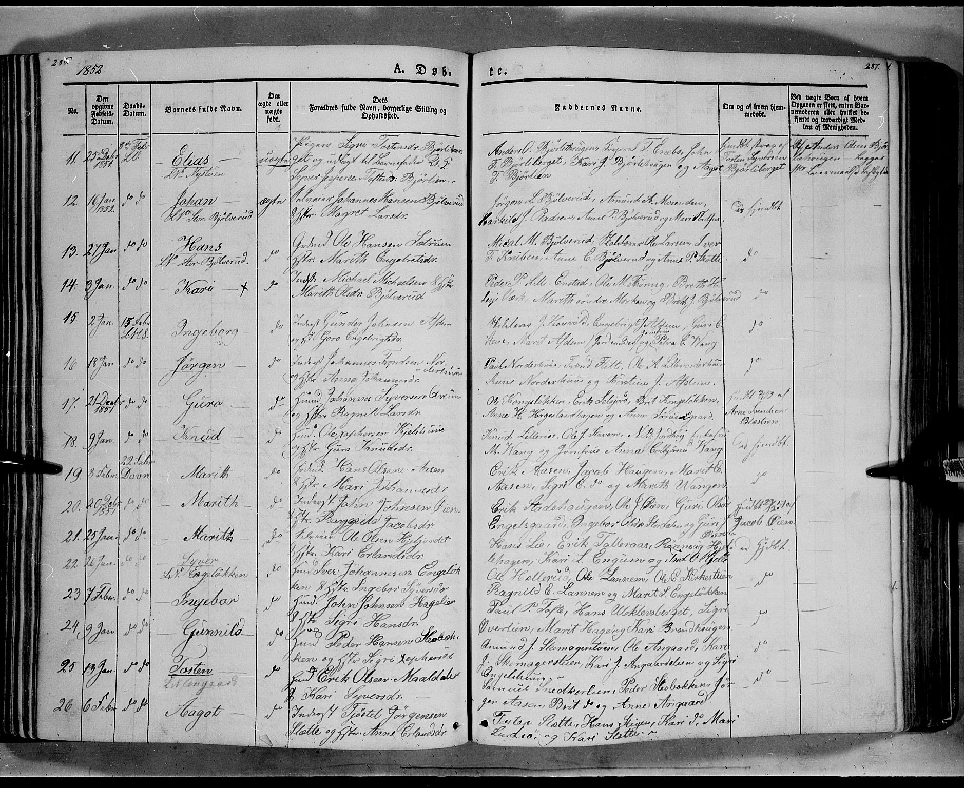 Lesja prestekontor, SAH/PREST-068/H/Ha/Haa/L0006: Parish register (official) no. 6A, 1843-1854, p. 286-287