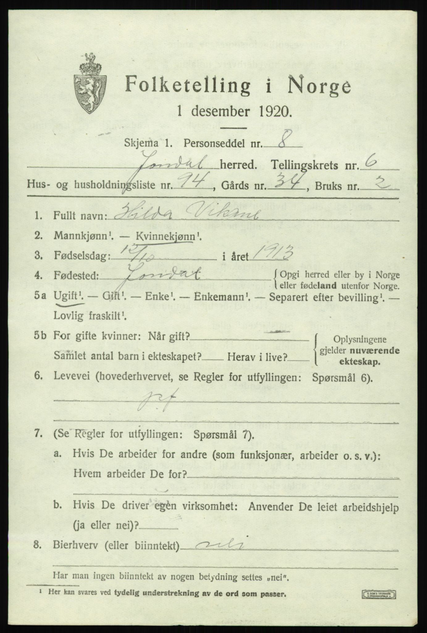 SAB, 1920 census for Jondal, 1920, p. 3746