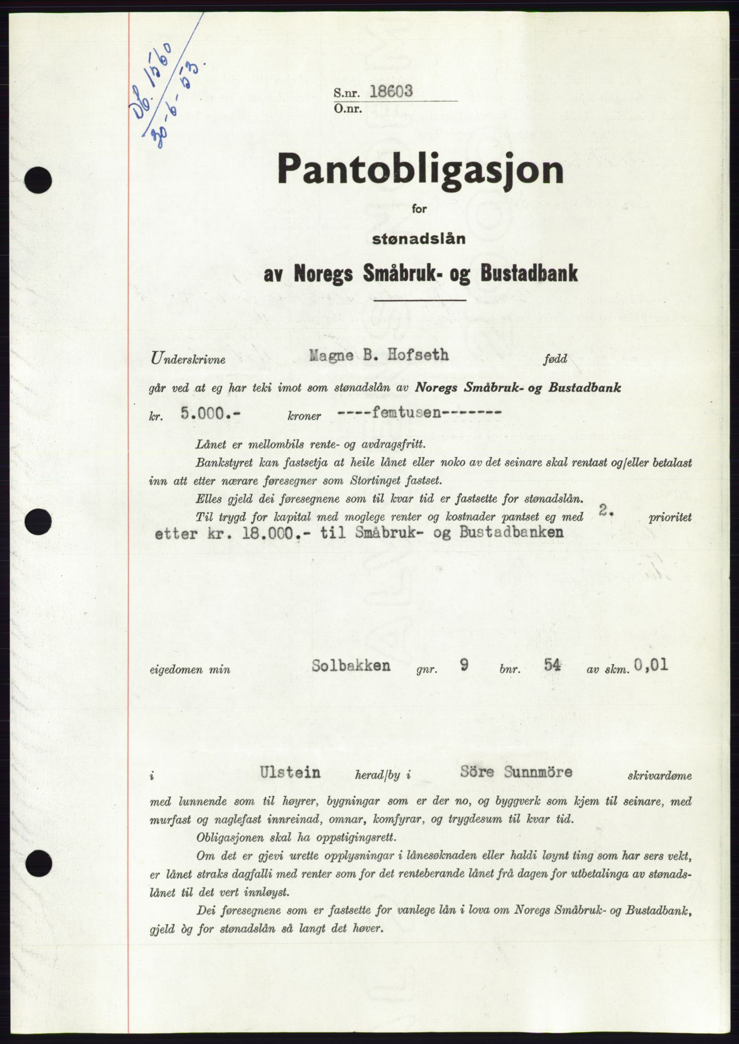 Søre Sunnmøre sorenskriveri, AV/SAT-A-4122/1/2/2C/L0123: Mortgage book no. 11B, 1953-1953, Diary no: : 1560/1953