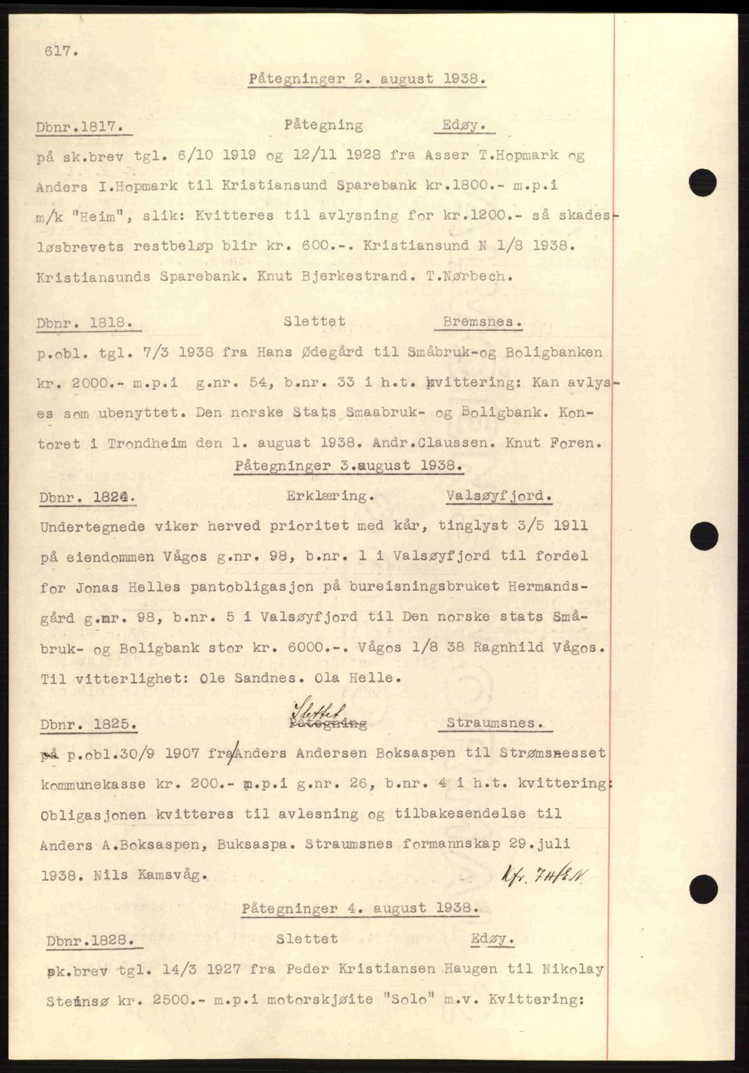 Nordmøre sorenskriveri, AV/SAT-A-4132/1/2/2Ca: Mortgage book no. C80, 1936-1939, Diary no: : 1817/1938