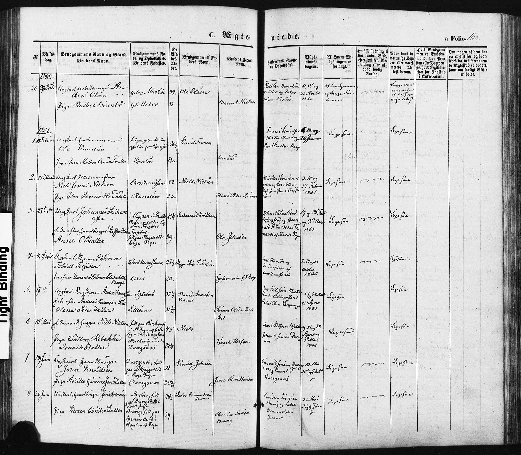 Oddernes sokneprestkontor, SAK/1111-0033/F/Fa/Faa/L0007: Parish register (official) no. A 7, 1851-1863, p. 168