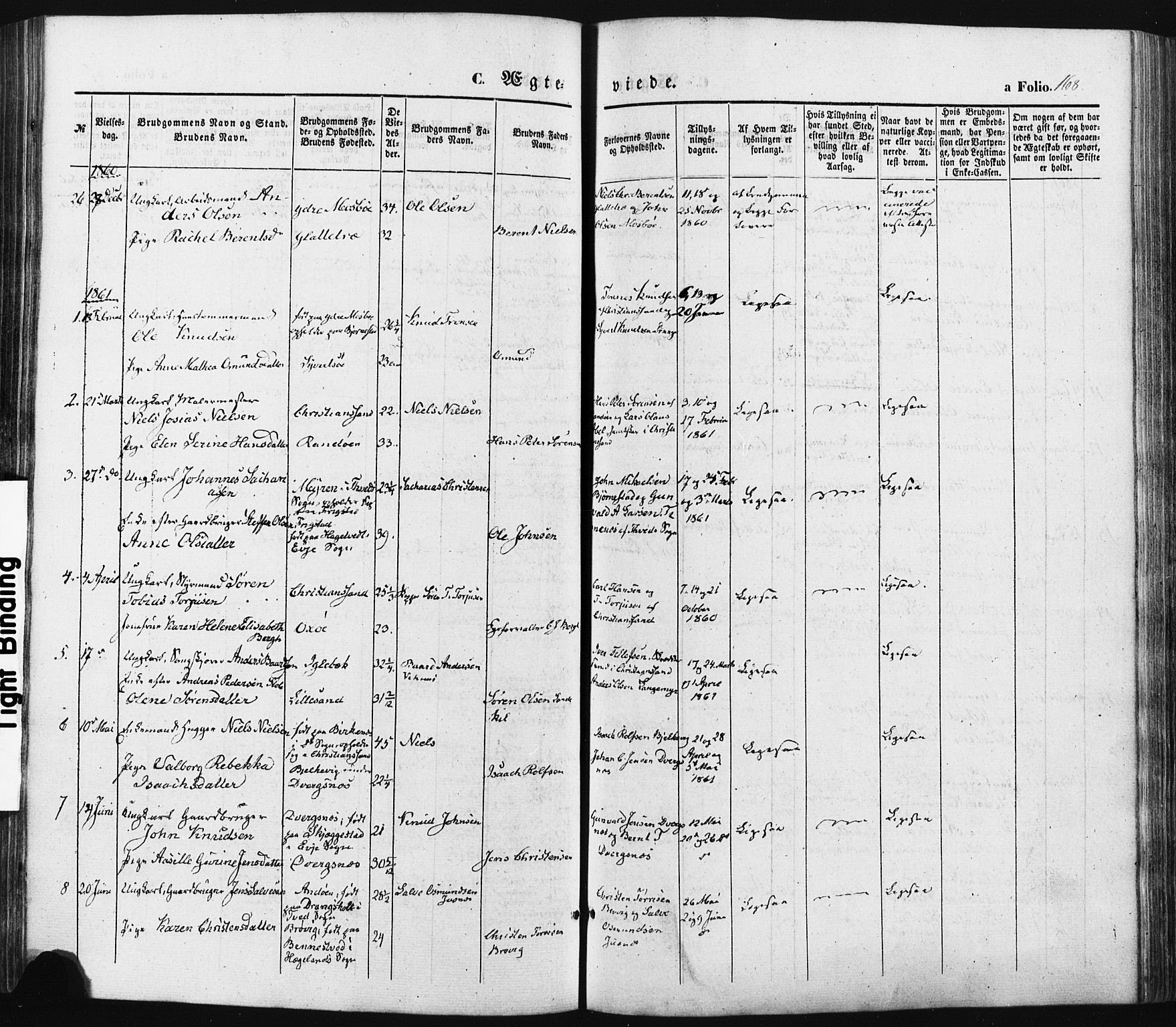 Oddernes sokneprestkontor, AV/SAK-1111-0033/F/Fa/Faa/L0007: Parish register (official) no. A 7, 1851-1863, p. 168