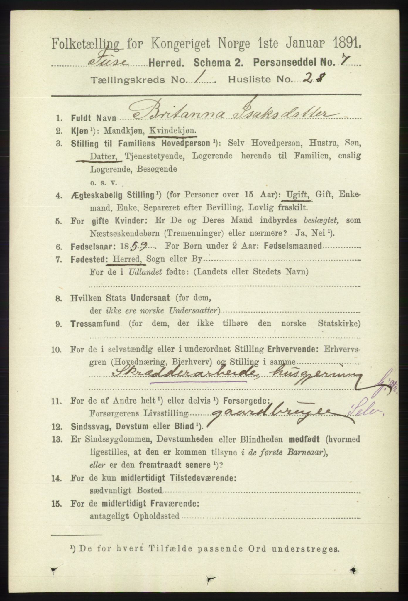 RA, 1891 census for 1241 Fusa, 1891, p. 258