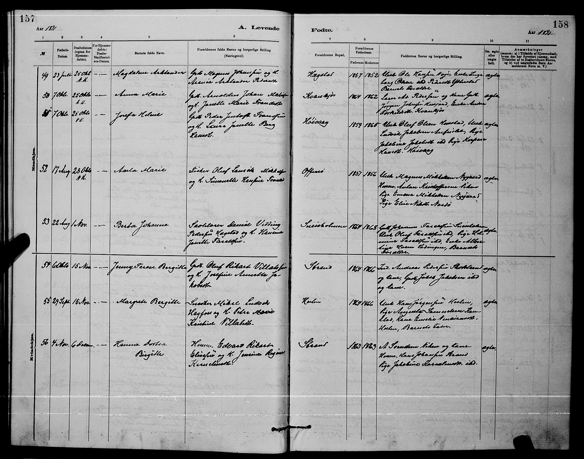 Ministerialprotokoller, klokkerbøker og fødselsregistre - Nordland, AV/SAT-A-1459/872/L1047: Parish register (copy) no. 872C03, 1880-1897, p. 157-158