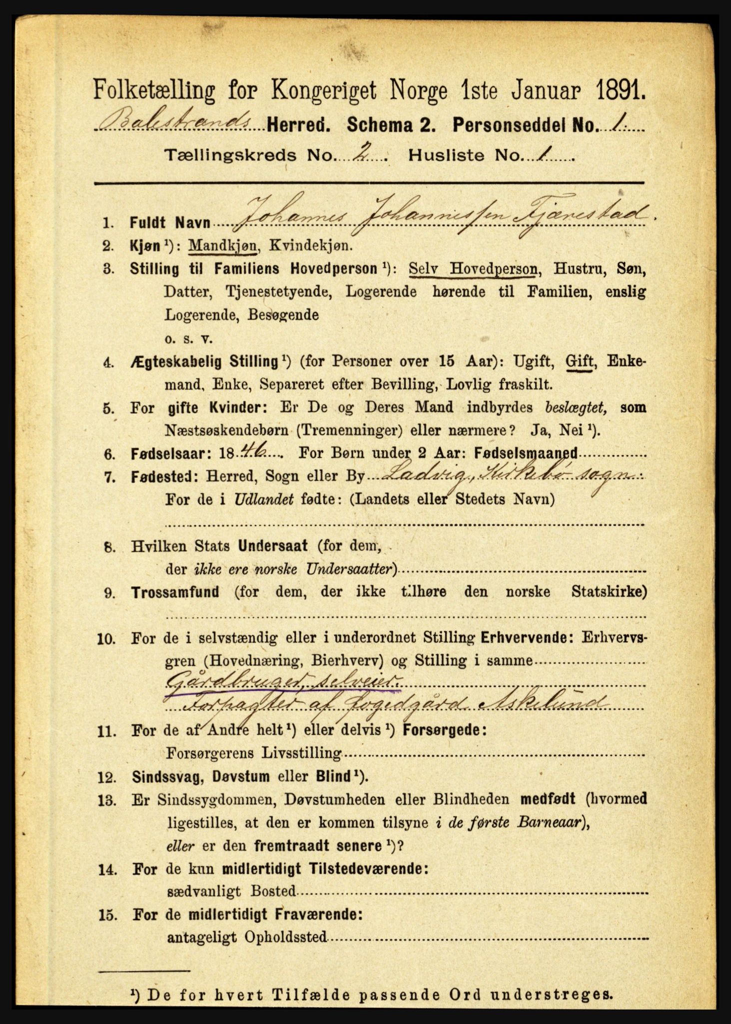 RA, 1891 census for 1418 Balestrand, 1891, p. 276