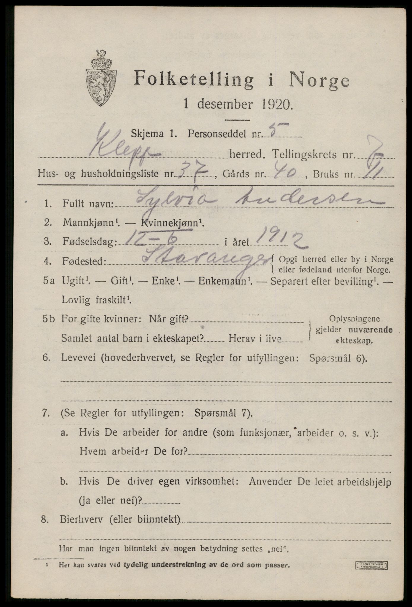 SAST, 1920 census for Klepp, 1920, p. 6952