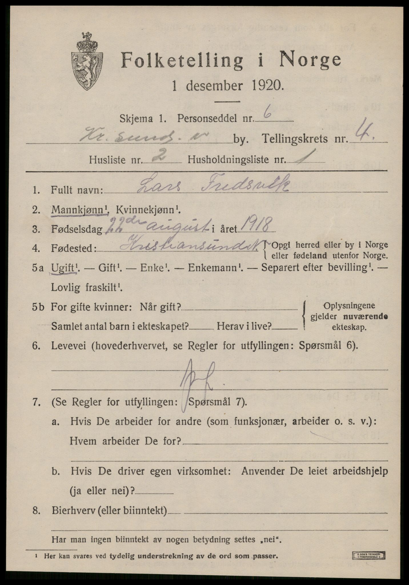SAT, 1920 census for Kristiansund, 1920, p. 14933