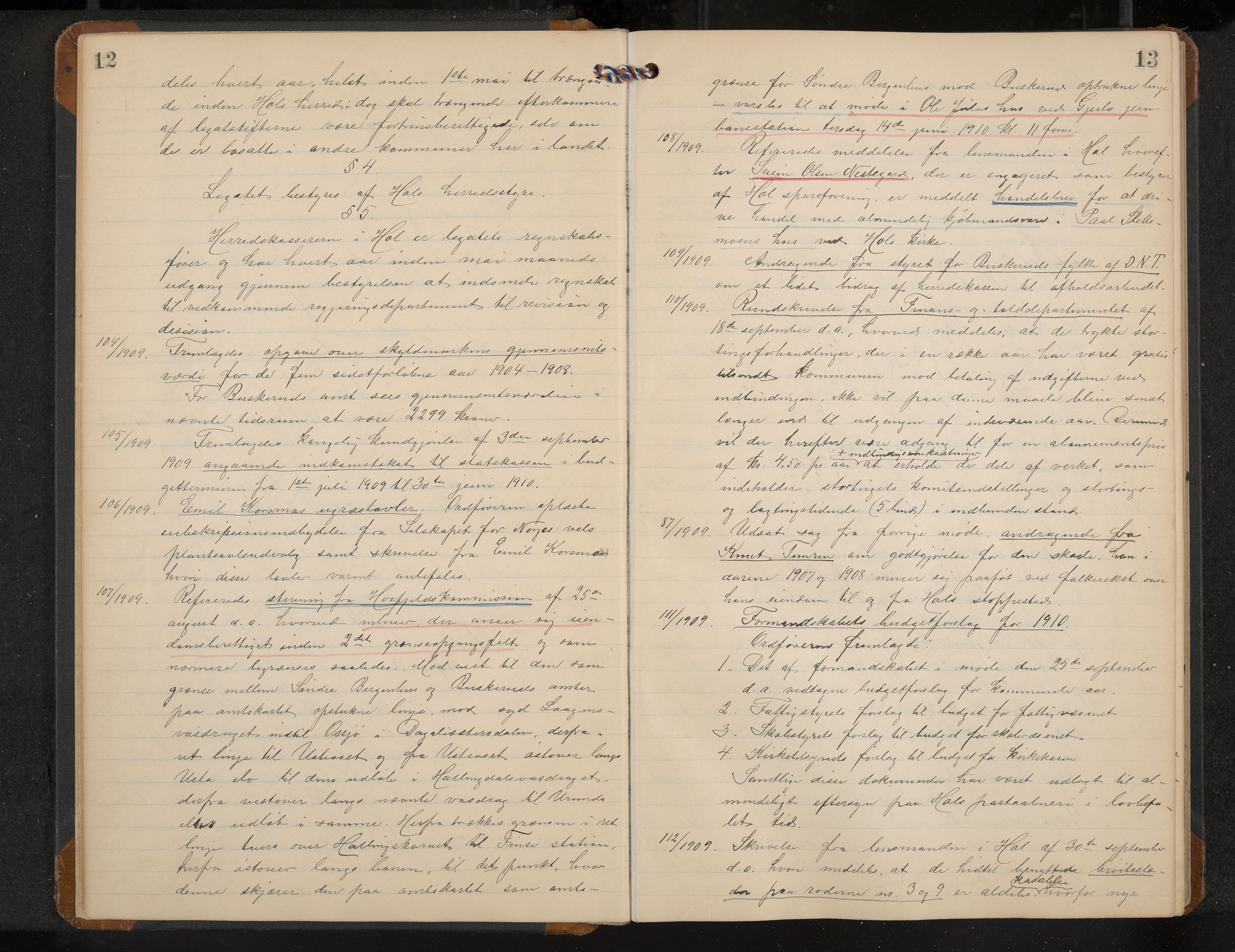 Hol formannskap og sentraladministrasjon, IKAK/0620021-1/A/L0005: Møtebok, 1909-1915, p. 12-13