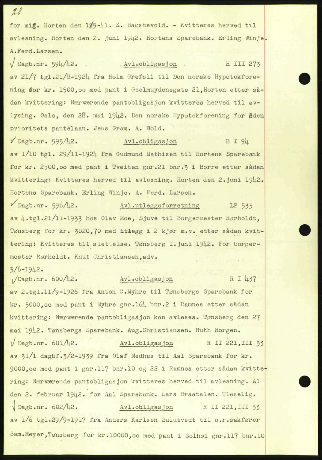 Horten sorenskriveri, SAKO/A-133/G/Ga/Gab/L0003: Mortgage book no. B-5 - B-6, 1941-1943, Diary no: : 594/1942