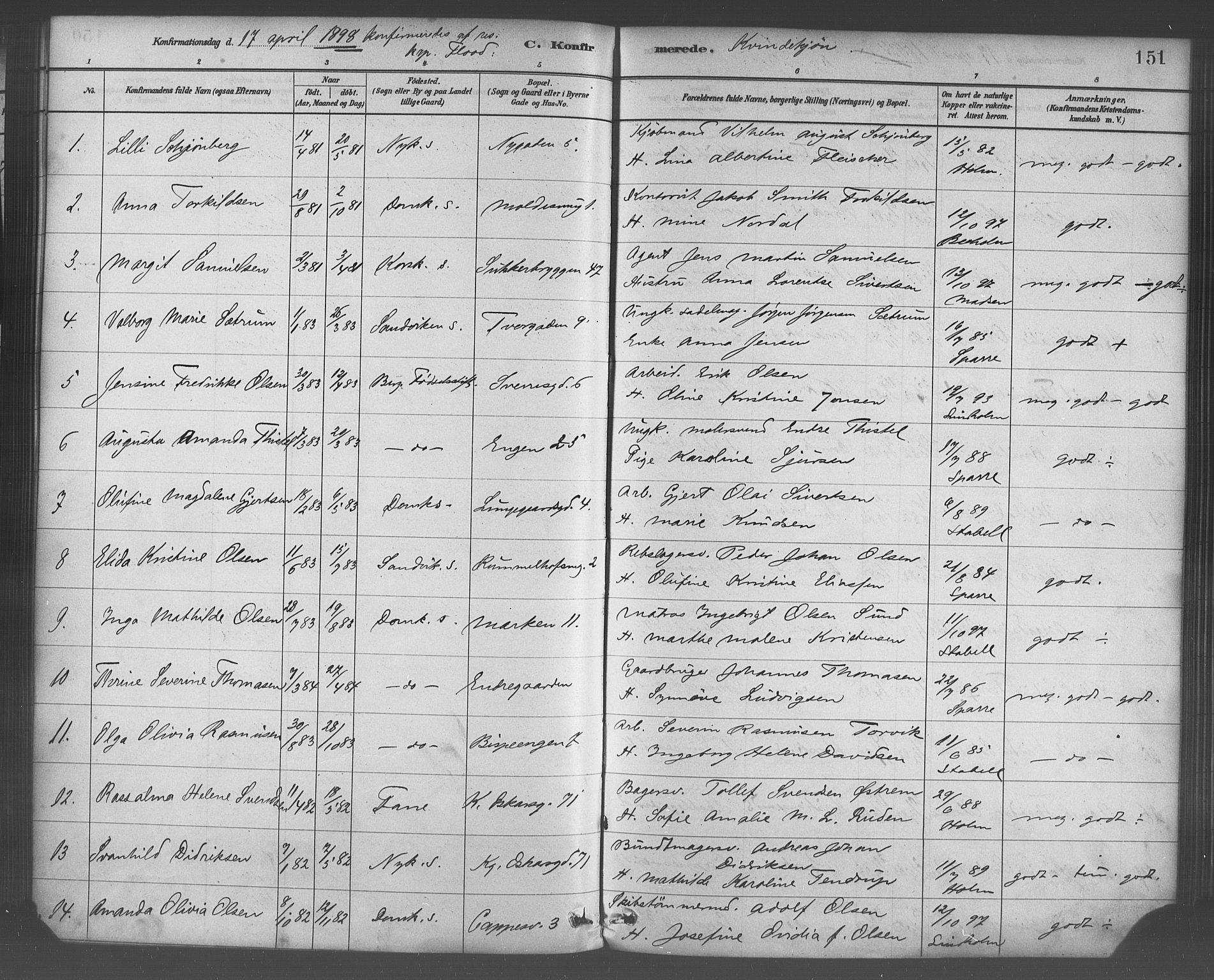 Domkirken sokneprestembete, SAB/A-74801/H/Haa/L0030: Parish register (official) no. C 5, 1880-1898, p. 151