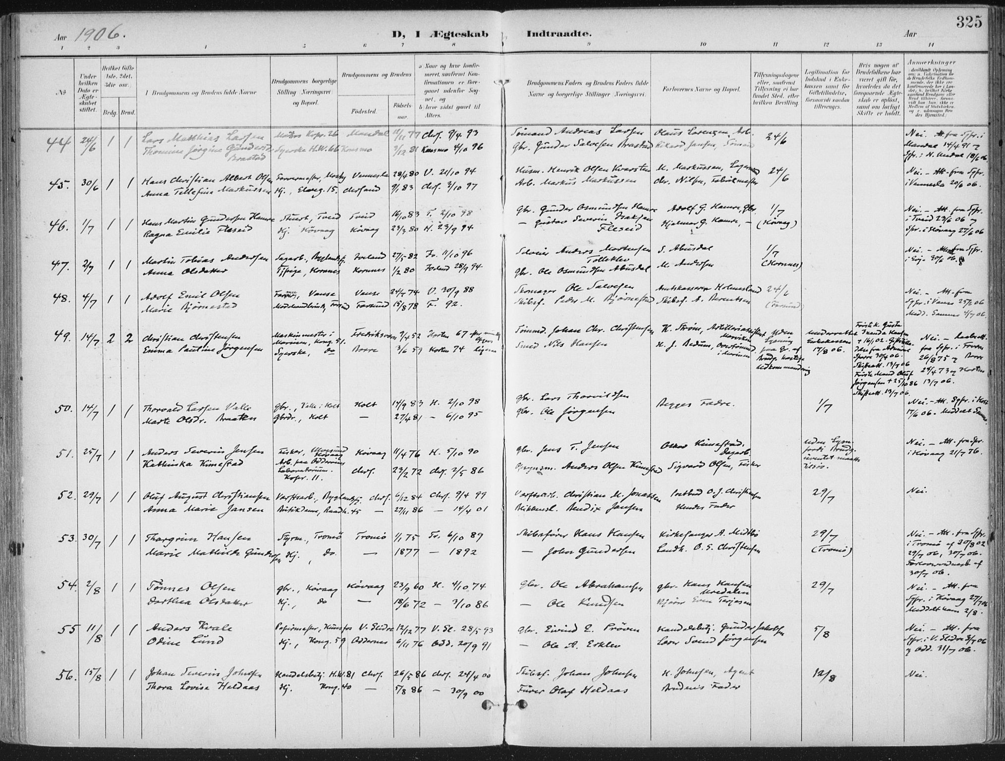 Kristiansand domprosti, SAK/1112-0006/F/Fa/L0021: Parish register (official) no. A 20, 1898-1908, p. 325
