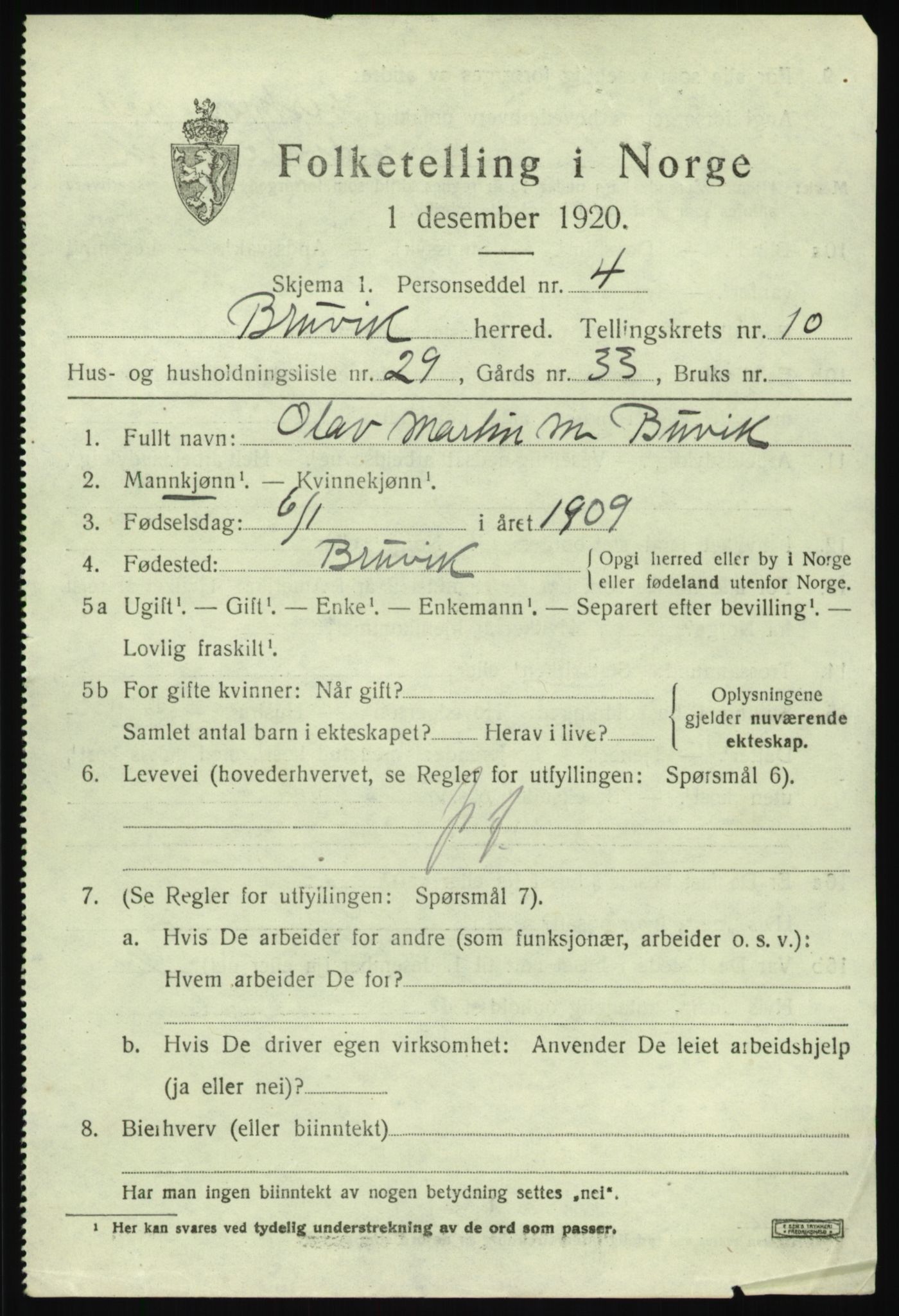 SAB, 1920 census for Bruvik, 1920, p. 7696