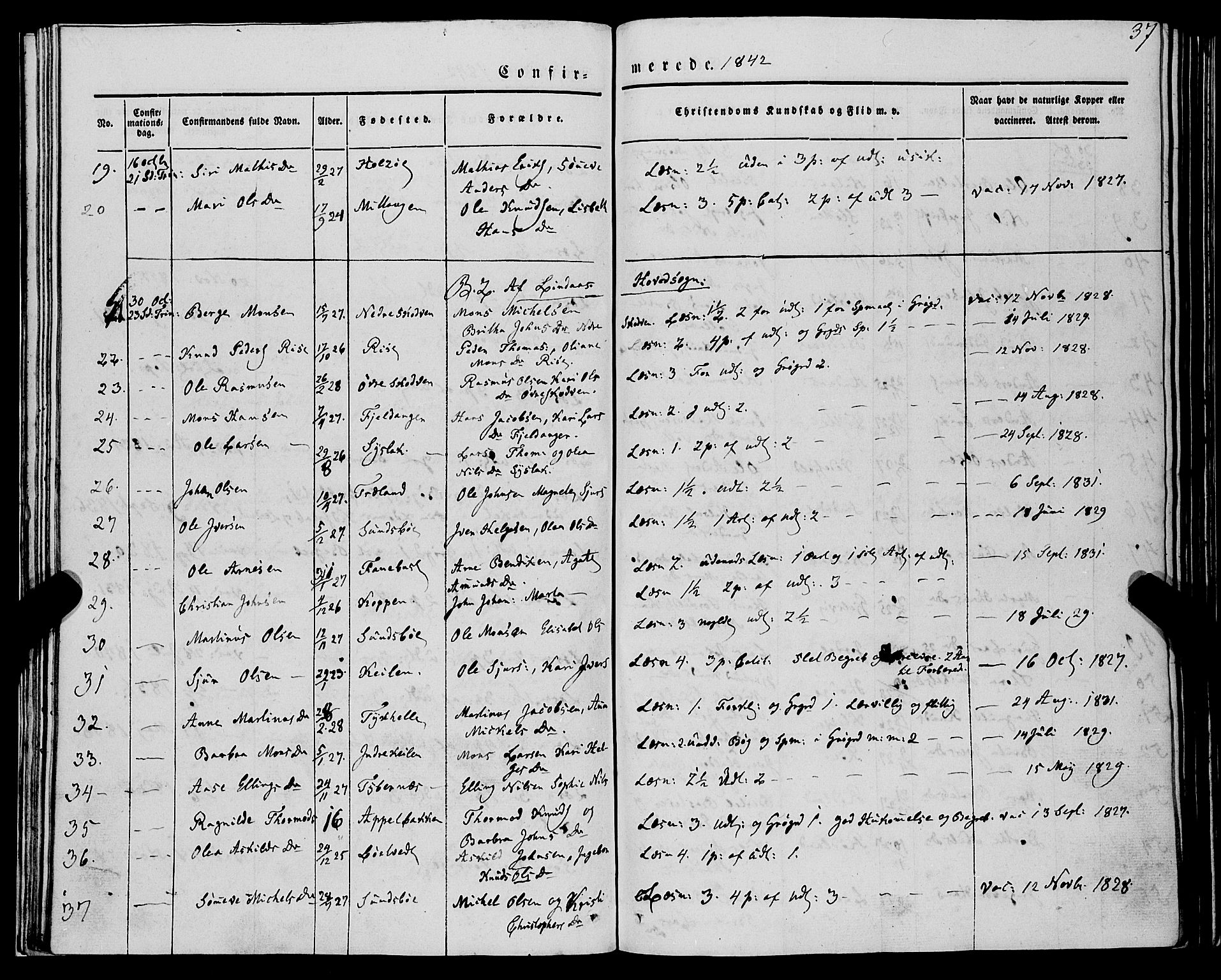 Lindås Sokneprestembete, AV/SAB-A-76701/H/Haa/Haaa/L0012: Parish register (official) no. A 12, 1836-1848, p. 37