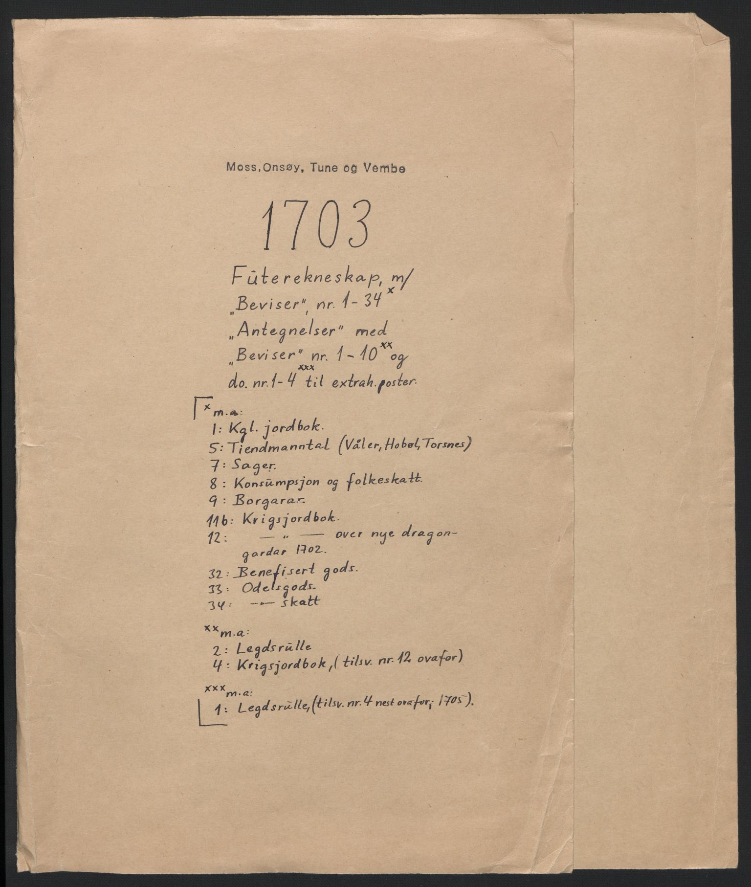 Rentekammeret inntil 1814, Reviderte regnskaper, Fogderegnskap, AV/RA-EA-4092/R04/L0132: Fogderegnskap Moss, Onsøy, Tune, Veme og Åbygge, 1703-1704, p. 2