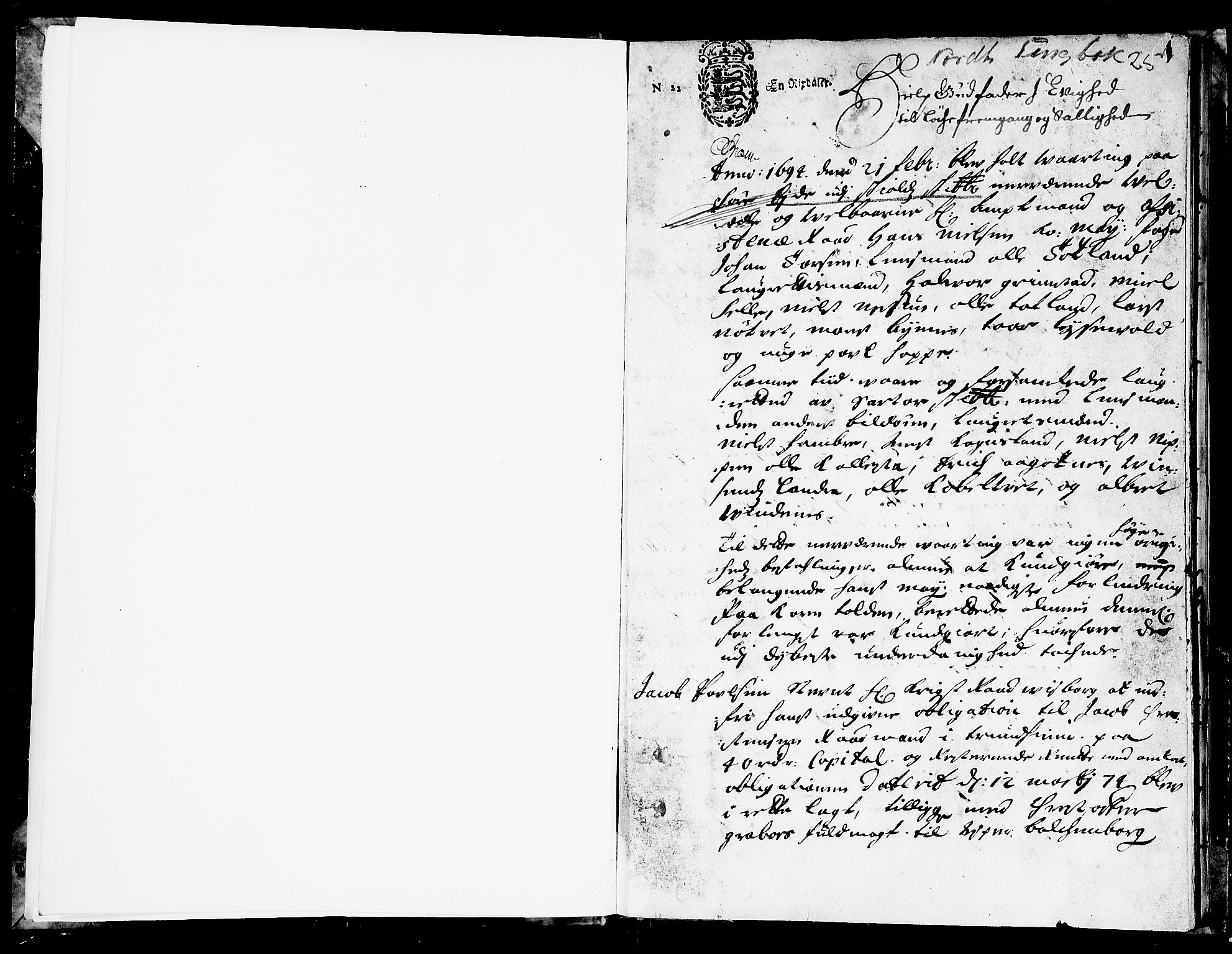 Nordhordland sorenskrivar, SAB/A-2901/1/F/Fa/L0025: Tingbok (justisprotokoll), 1694-1695, p. 0b-1a