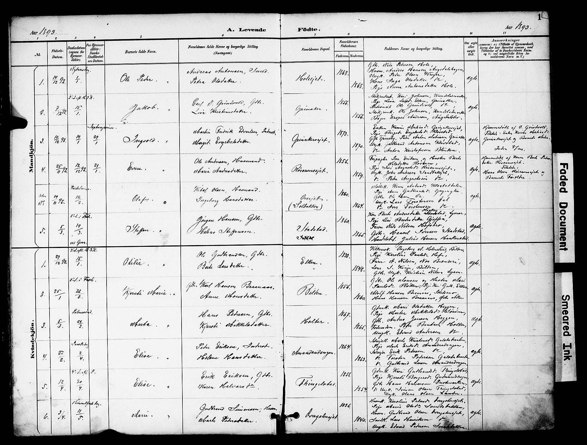 Brandbu prestekontor, SAH/PREST-114/H/Ha/Hab/L0006: Parish register (copy) no. 6, 1893-1902, p. 1