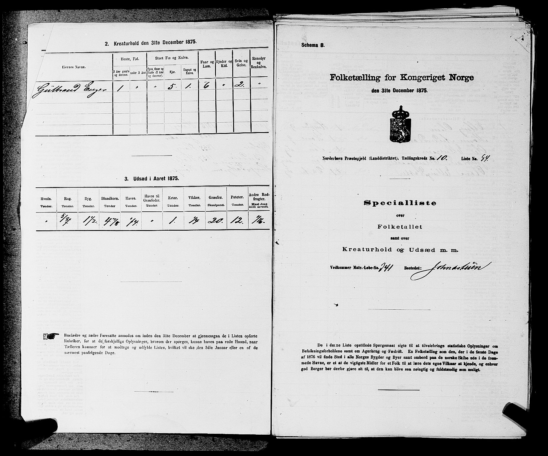 SAKO, 1875 census for 0613L Norderhov/Norderhov, Haug og Lunder, 1875, p. 1865