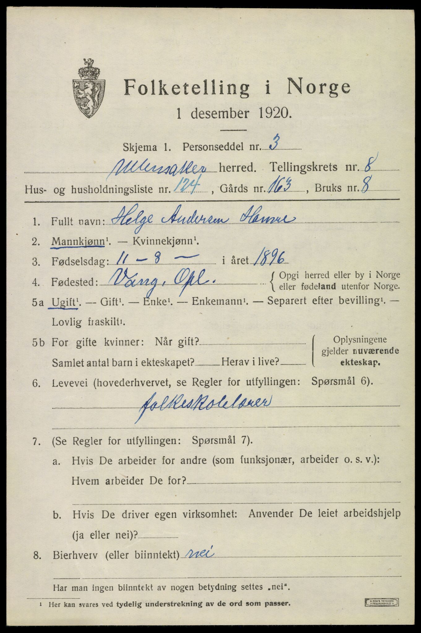 SAO, 1920 census for Ullensaker, 1920, p. 15389