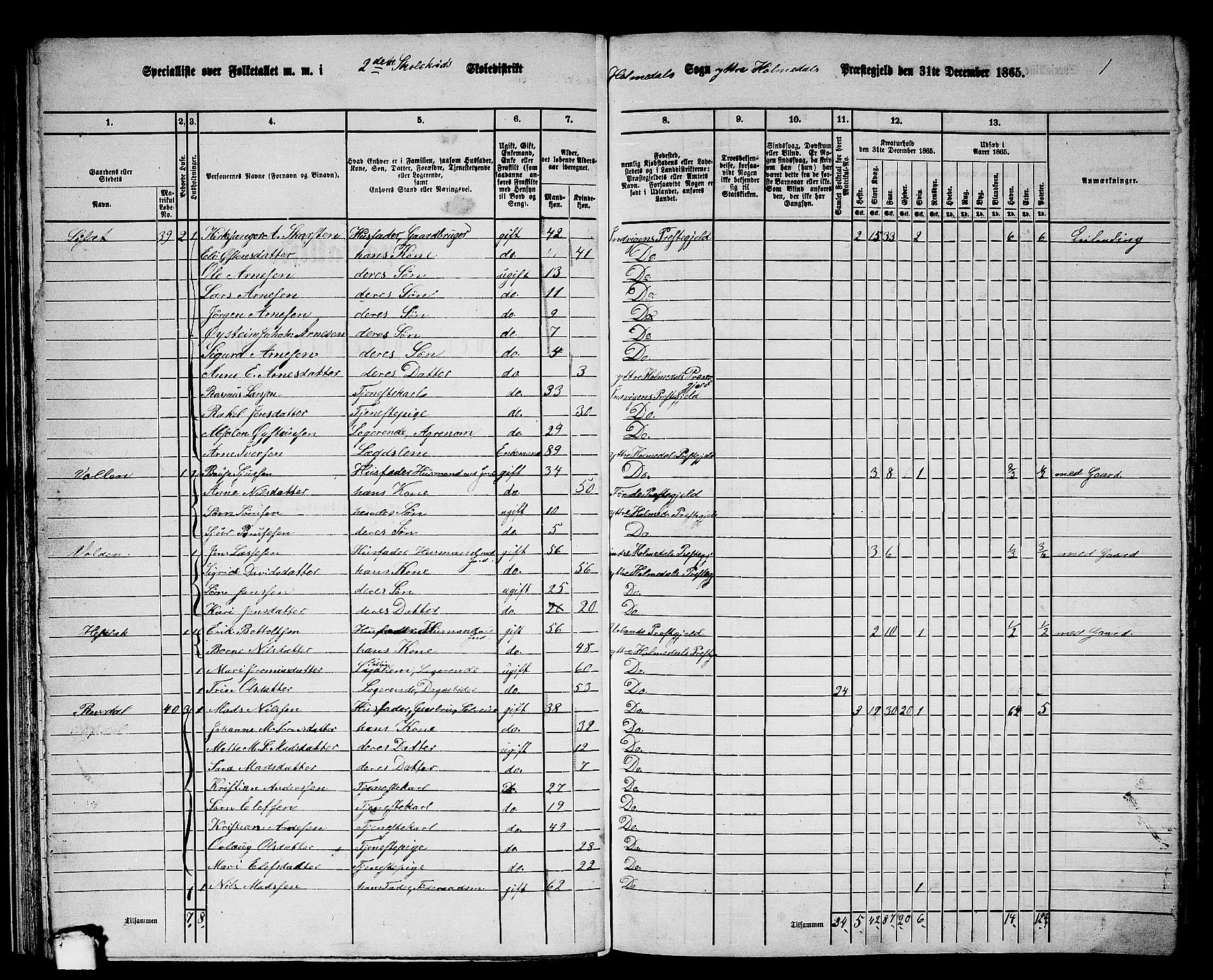 RA, 1865 census for Ytre Holmedal, 1865, p. 31