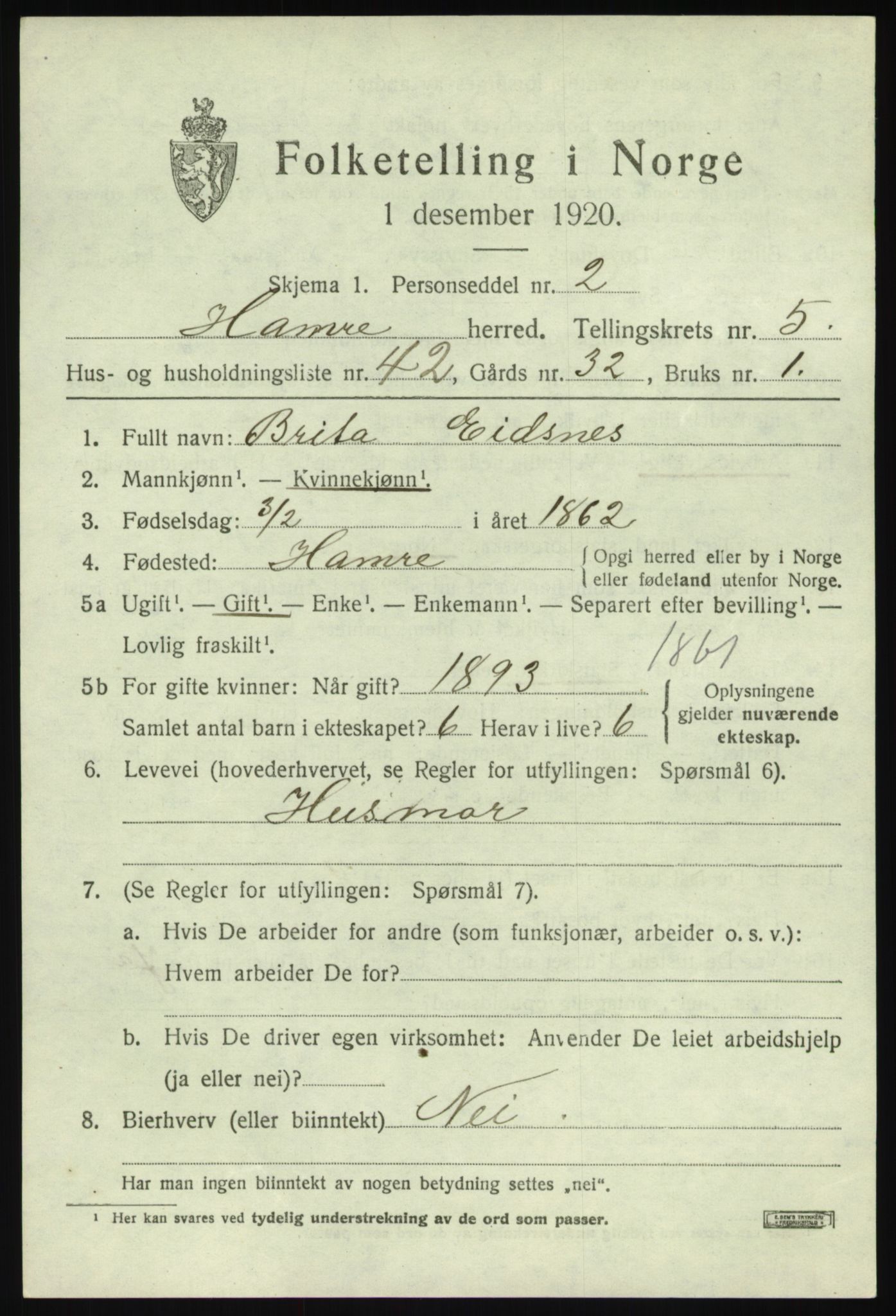 SAB, 1920 census for Hamre, 1920, p. 3415