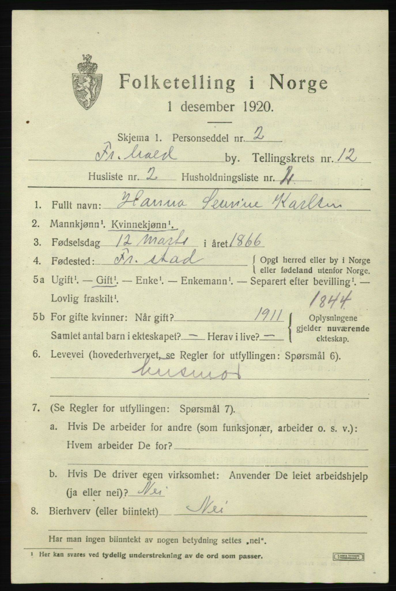 SAO, 1920 census for Fredrikshald, 1920, p. 19867
