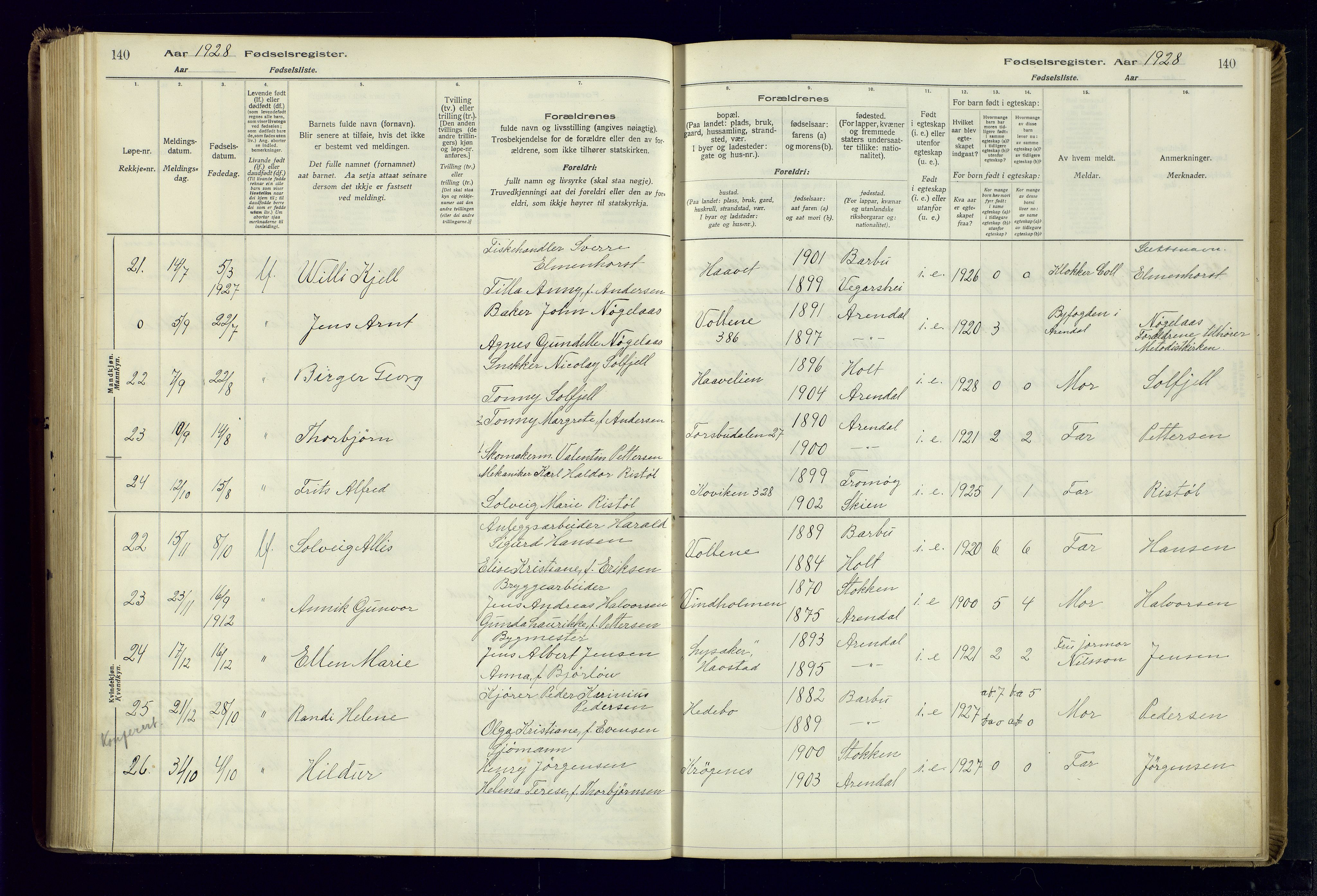 Barbu sokneprestkontor, SAK/1111-0003/J/Ja/L0001: Birth register no. A-VIII-1, 1916-1937, p. 140