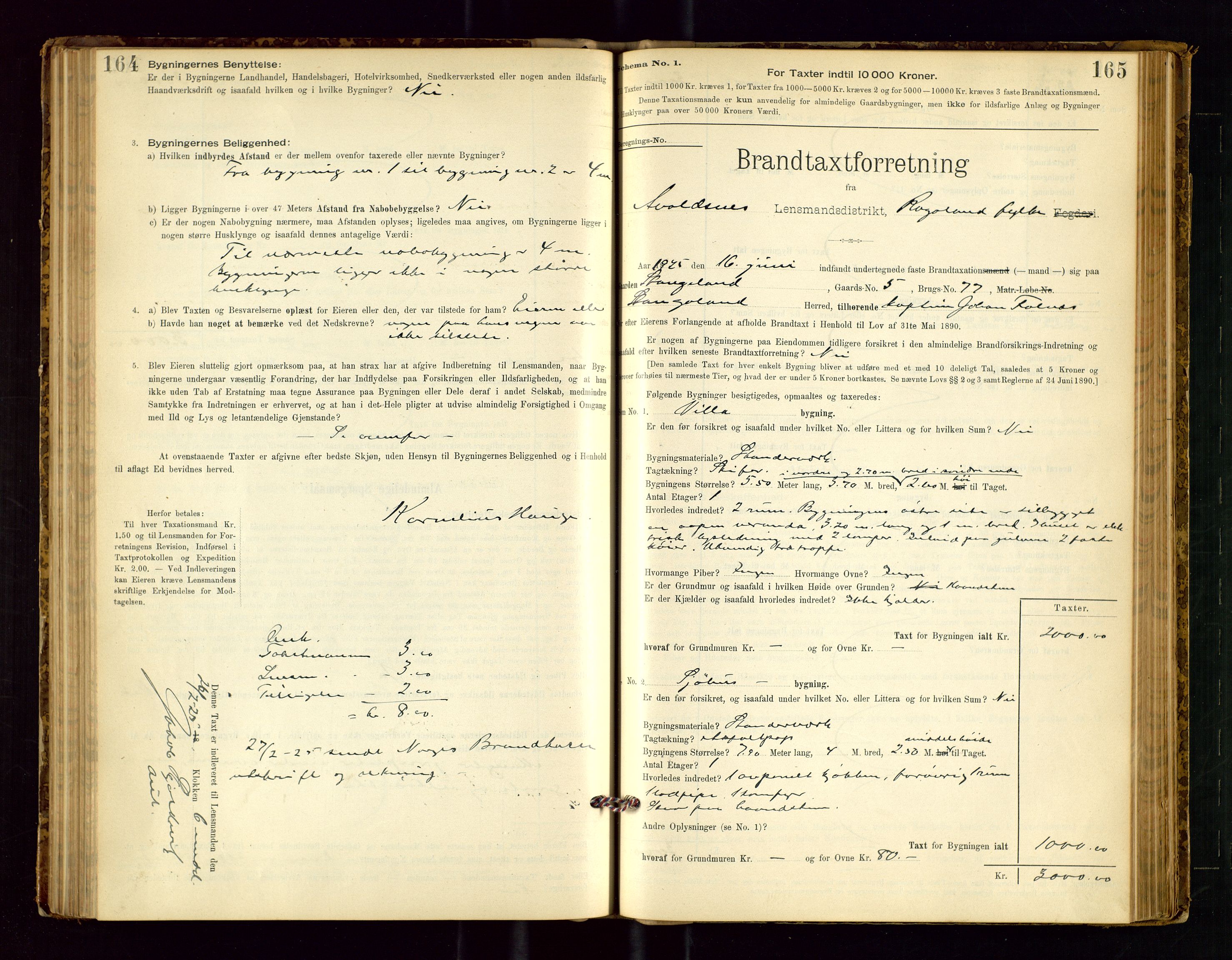 Avaldsnes lensmannskontor, SAST/A-100286/Gob/L0001: "Brandtaxationsprotokol for Avaldsnes Lensmandsdistrikt Ryfylke Fogderi", 1894-1925, p. 164-165