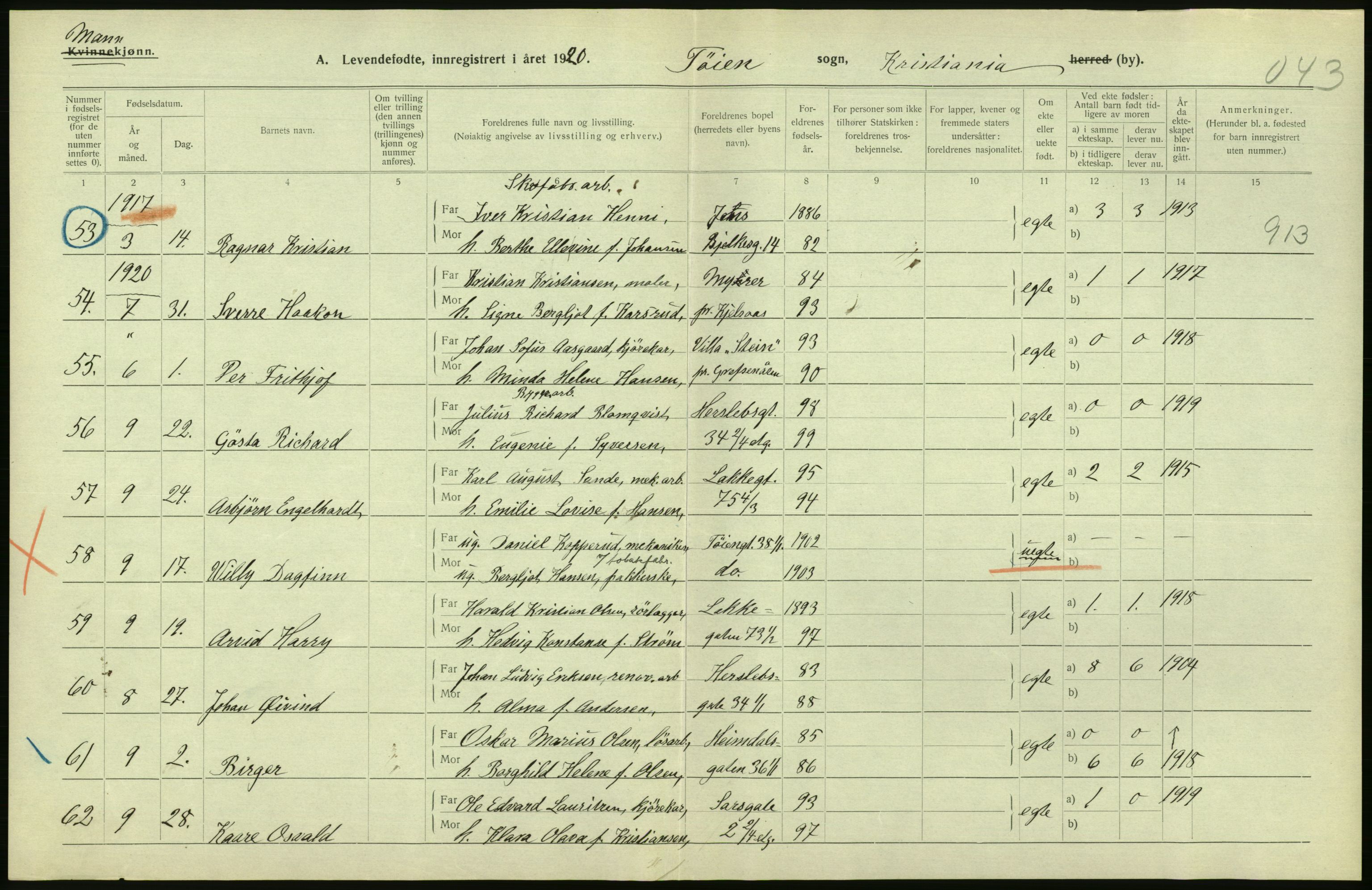 Statistisk sentralbyrå, Sosiodemografiske emner, Befolkning, AV/RA-S-2228/D/Df/Dfb/Dfbj/L0009: Kristiania: Levendefødte menn og kvinner., 1920, p. 20