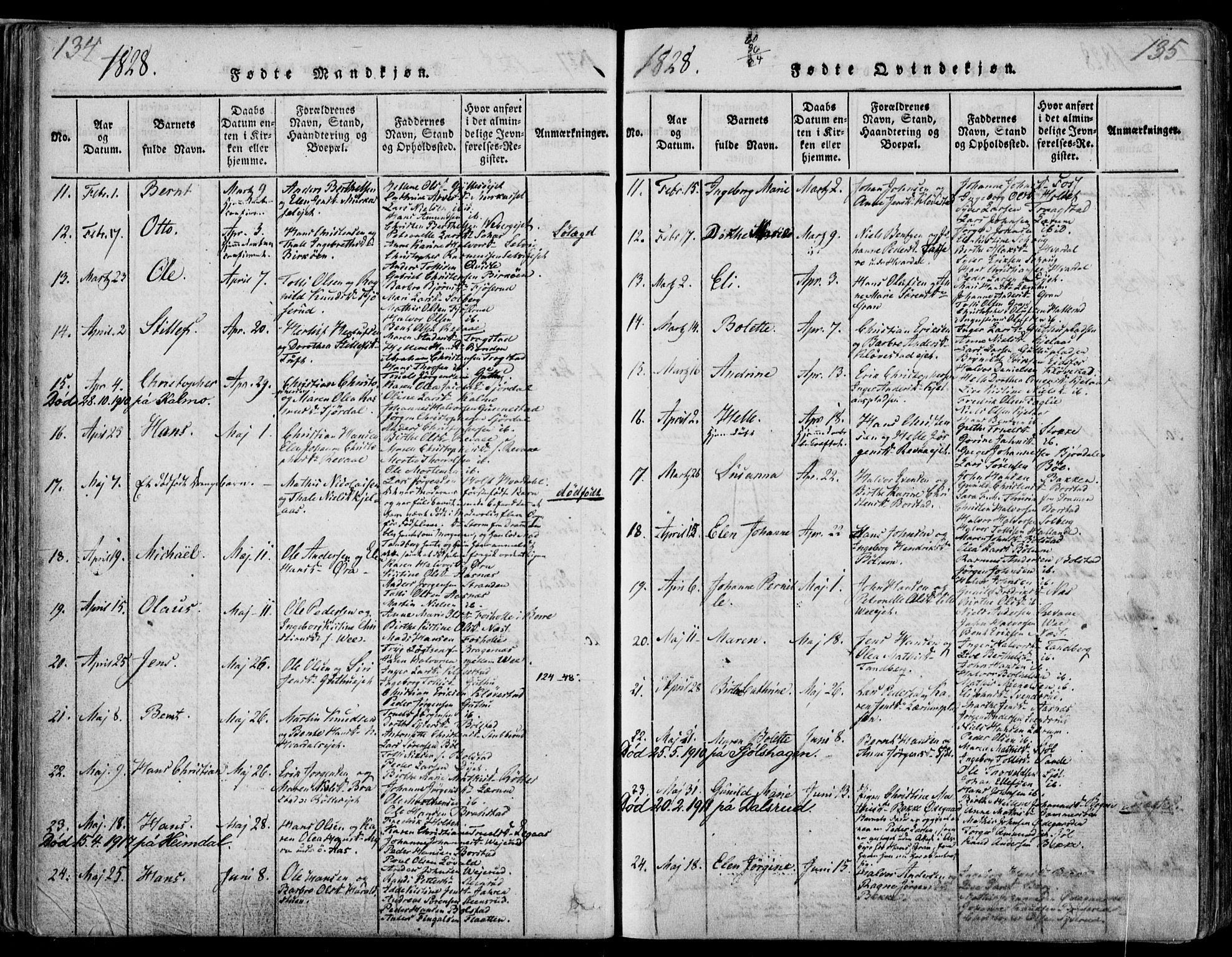 Sande Kirkebøker, SAKO/A-53/F/Fa/L0003: Parish register (official) no. 3, 1814-1847, p. 134-135