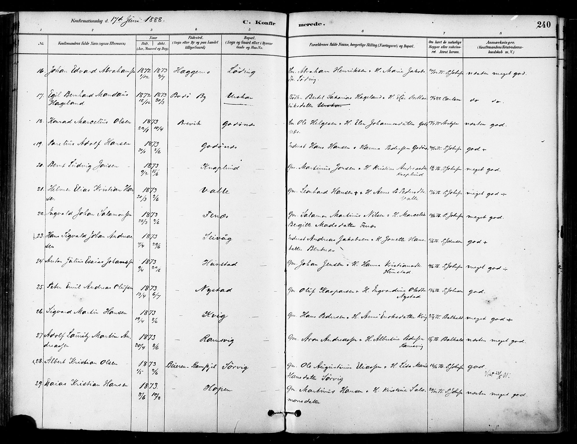 Ministerialprotokoller, klokkerbøker og fødselsregistre - Nordland, SAT/A-1459/802/L0054: Parish register (official) no. 802A01, 1879-1893, p. 240
