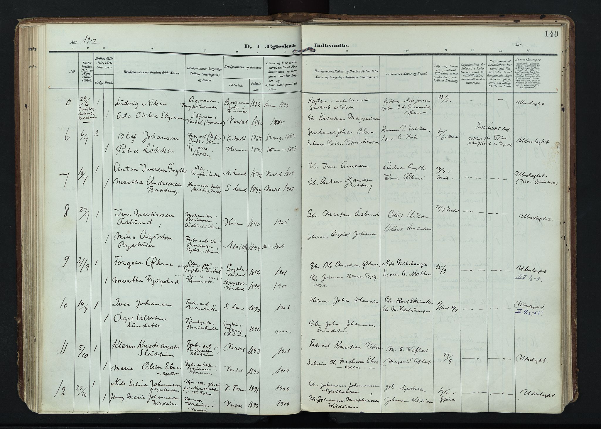 Vardal prestekontor, SAH/PREST-100/H/Ha/Haa/L0020: Parish register (official) no. 20, 1907-1921, p. 140