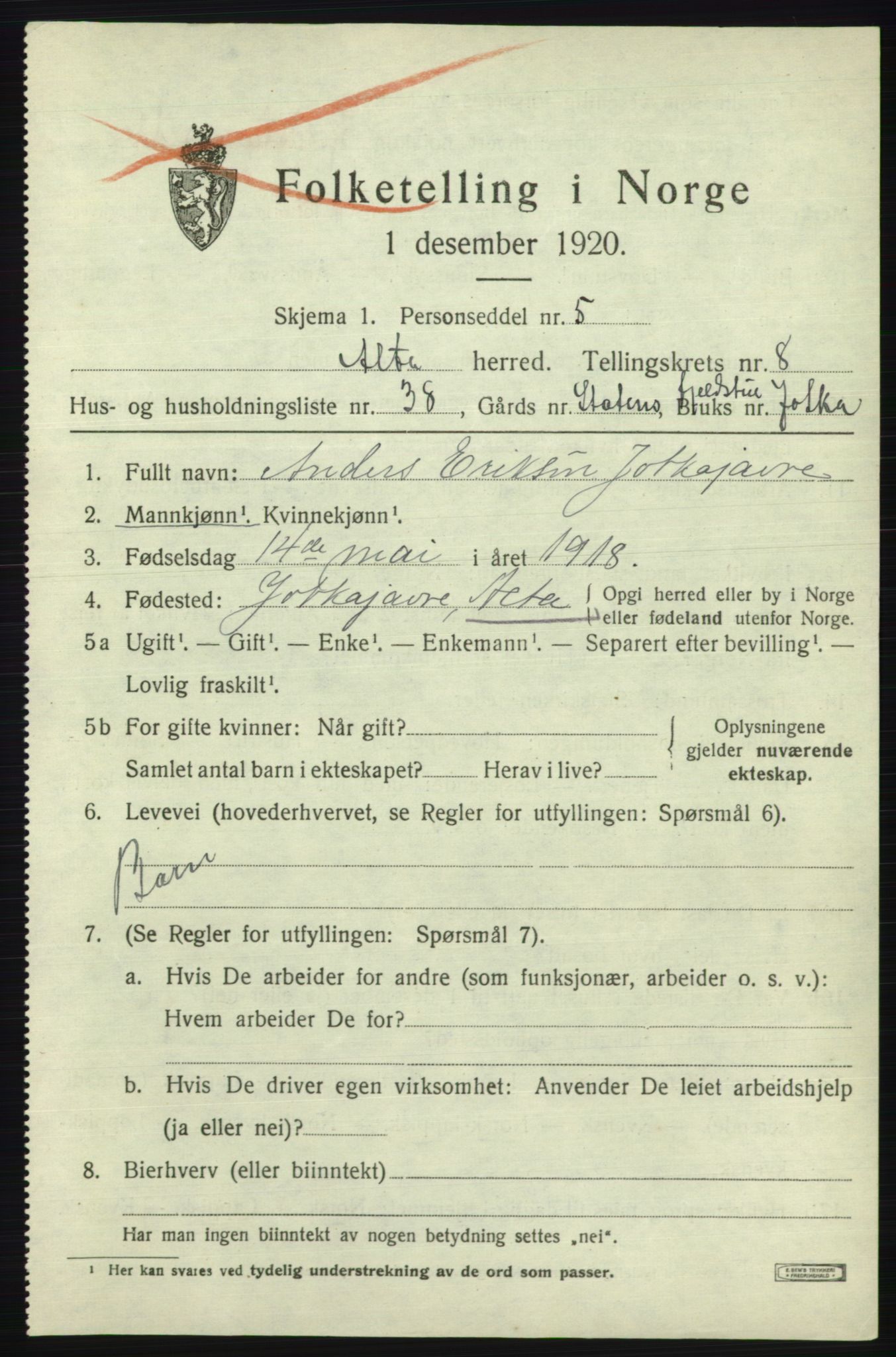 SATØ, 1920 census for Alta, 1920, p. 6585