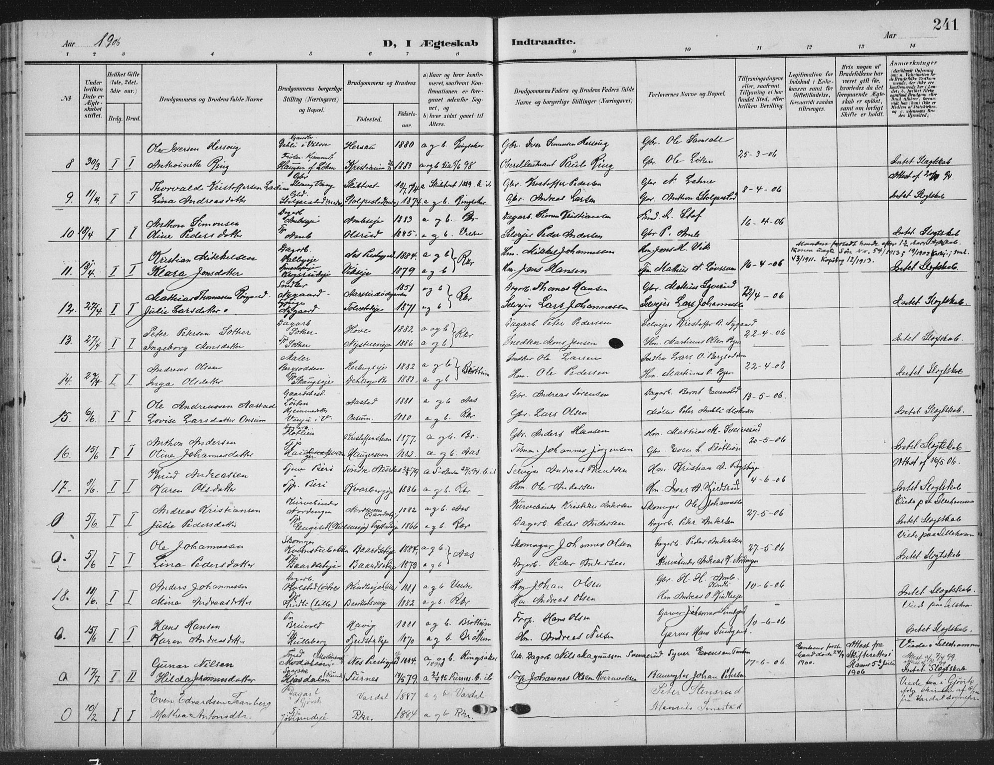 Ringsaker prestekontor, SAH/PREST-014/K/Ka/L0018: Parish register (official) no. 18, 1903-1912, p. 241