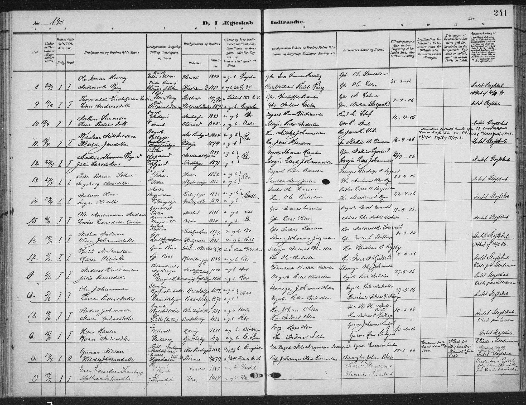 Ringsaker prestekontor, AV/SAH-PREST-014/K/Ka/L0018: Parish register (official) no. 18, 1903-1912, p. 241